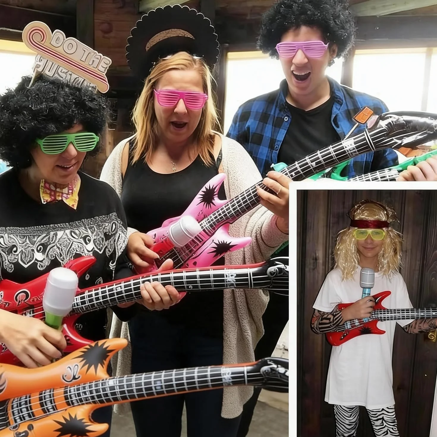 16pcs Juegos de Instrumentos inflables,Juego Estrella de Rock Inflable,Guitarra Inflable, micrófono saxofón, Gafas de Sol, Accesorios de Fiesta inflables