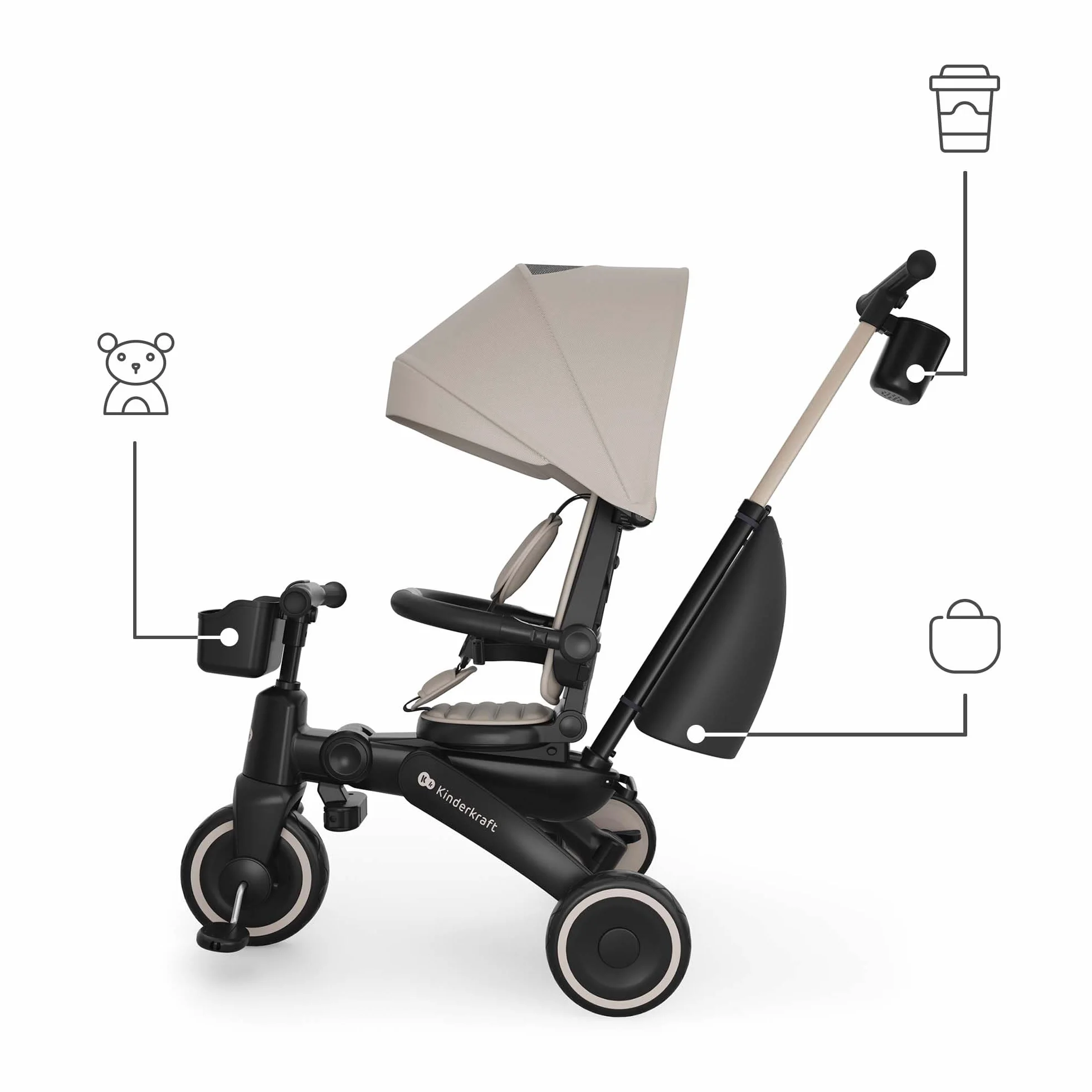 Kinderkraft Jazz 3 Triciclo, Asiento Giratorio 360°, posición semirreclinada, Plegable, Capota UPF 50+, Manillar para Padres, función de Bicicleta de Equilibrio, Beige