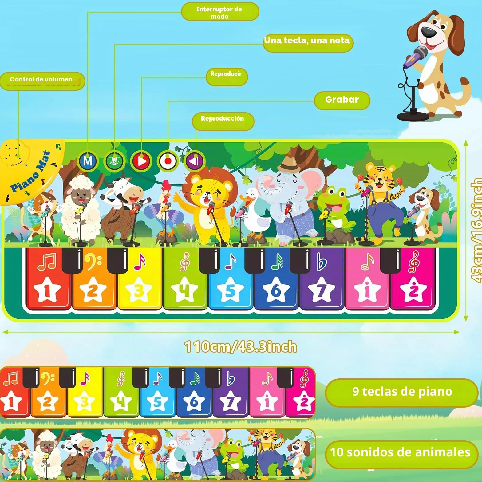 Piano Bebe, Alfombra Musical con 10 Animales, Alfombra Musical Bebe 1 Año, Alfombra de Piano, Juguete Musical Bebe, Niños y Niñas & Regalos de Cumpleaños (110×43cm)