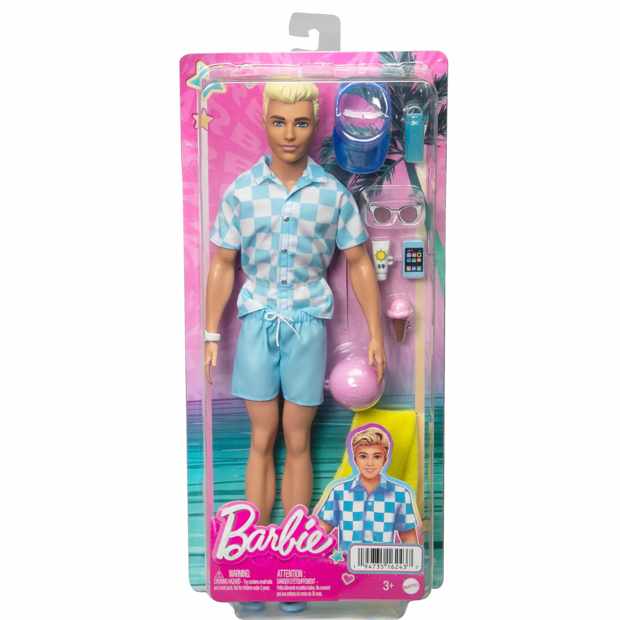 Barbie Ken Día en la Playa Muñeco de Juguete Hecho de plásticos reciclados, Modelos Surtidos, +3 años (Mattel HPL74)
