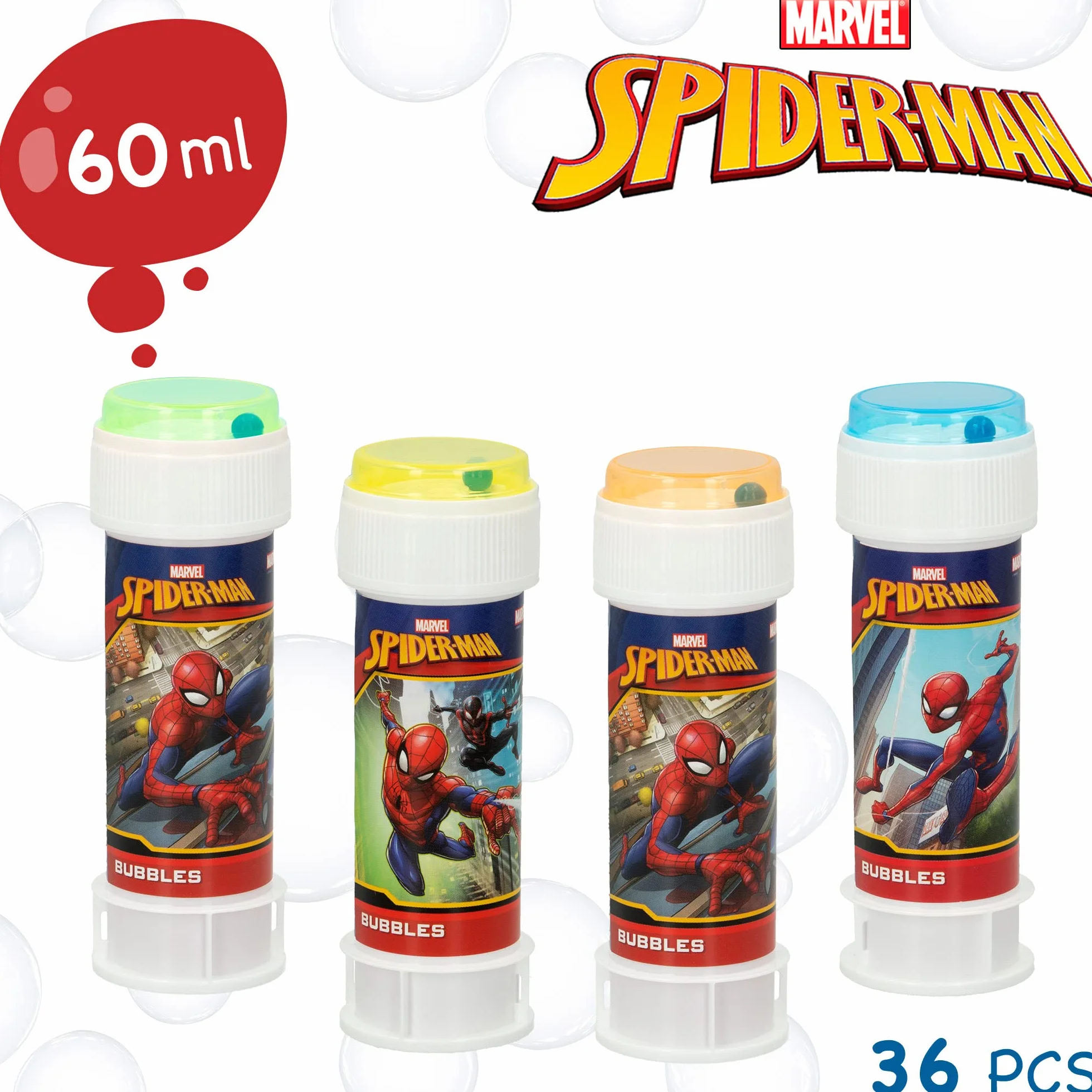 COLORBABY Pack 36 pomperos Spiderman 60 ml, Regalos cumpleaños para niños, decoración Infantil, Juguete Burbujas jabón (22985)
