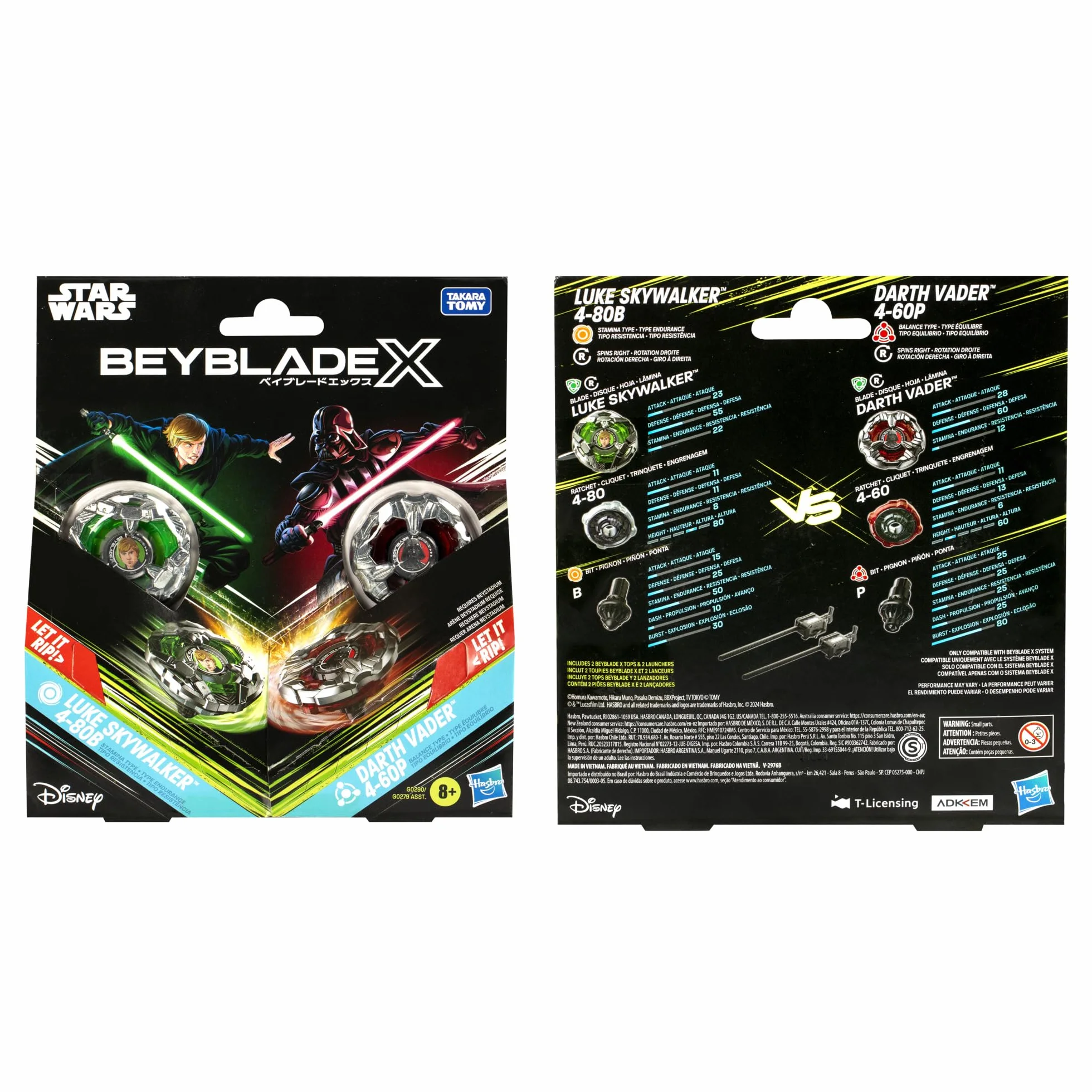 Colaboración Beyblade X y Star Wars, Pack múltiple Luke Skywalker 4-80B vs. Darth Vader 4-60B