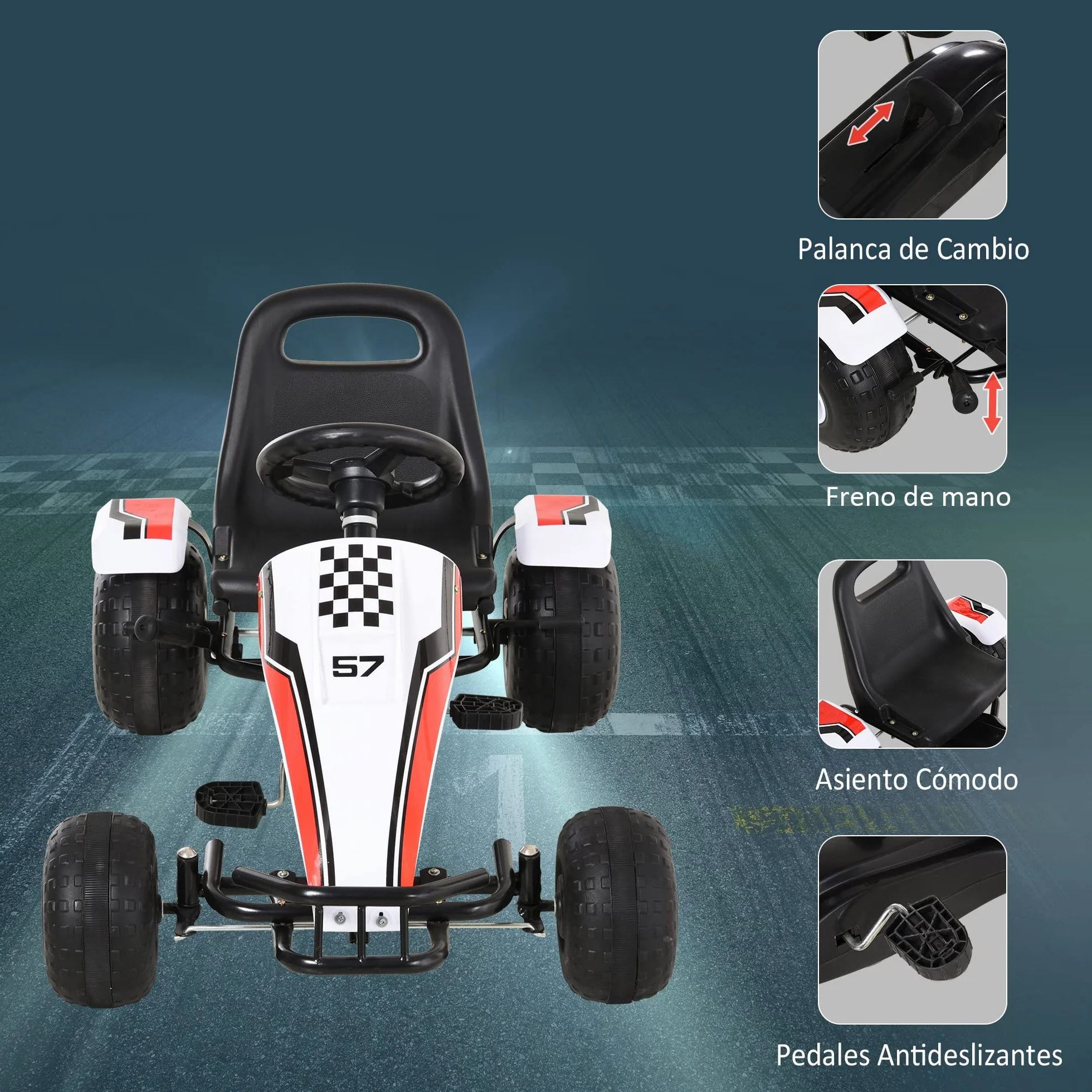 HOMCOM Go Kart a Pedales para Niños de +3 Años Coche de Pedales Infantil con Asiento Ajustable y Freno de Mano 104x66x57 cm Blanco y Negro