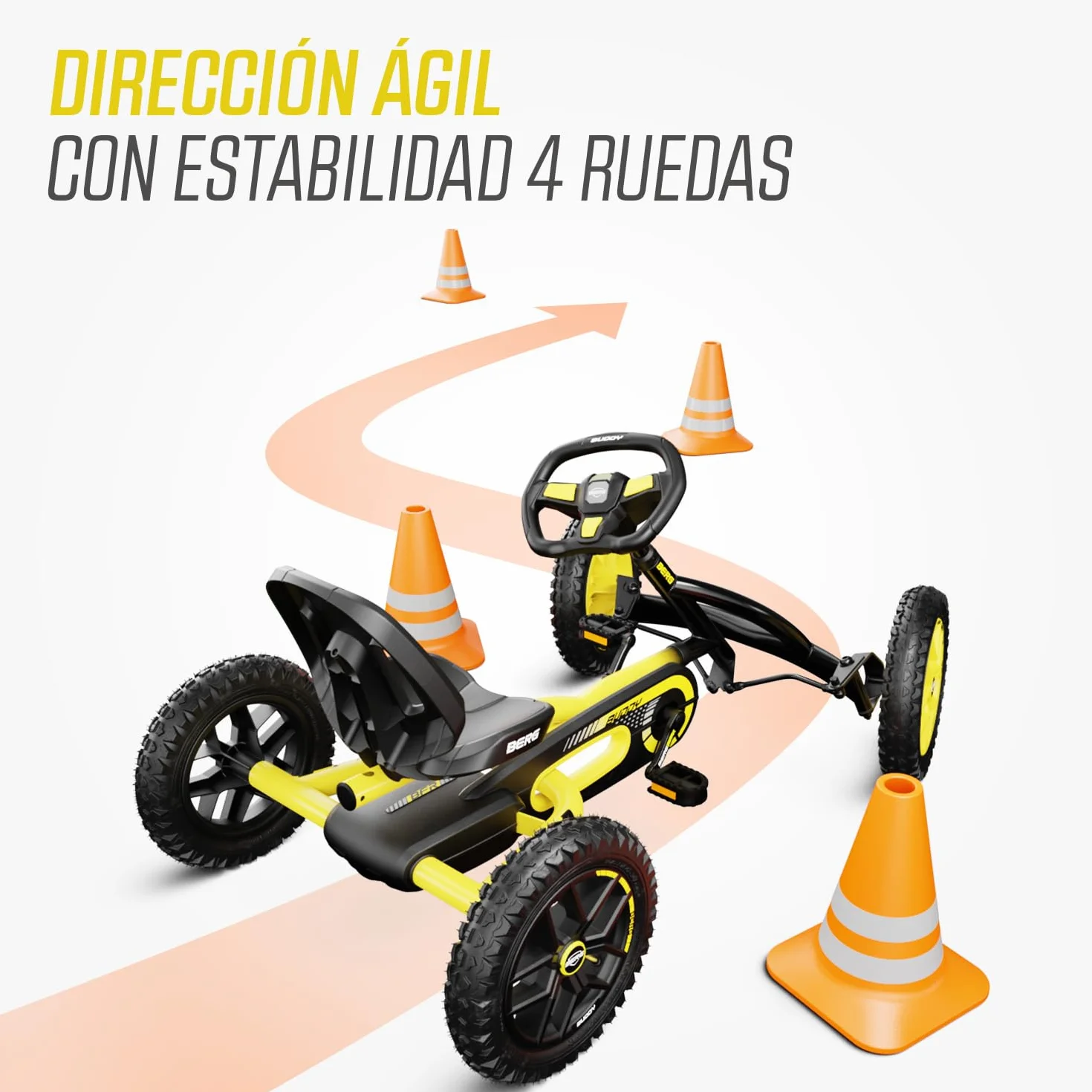 BERG Kart a Pedales Buddy Cross | Amarillo, 3-8 años, cuadro resistente, asiento regulable, volante regulable