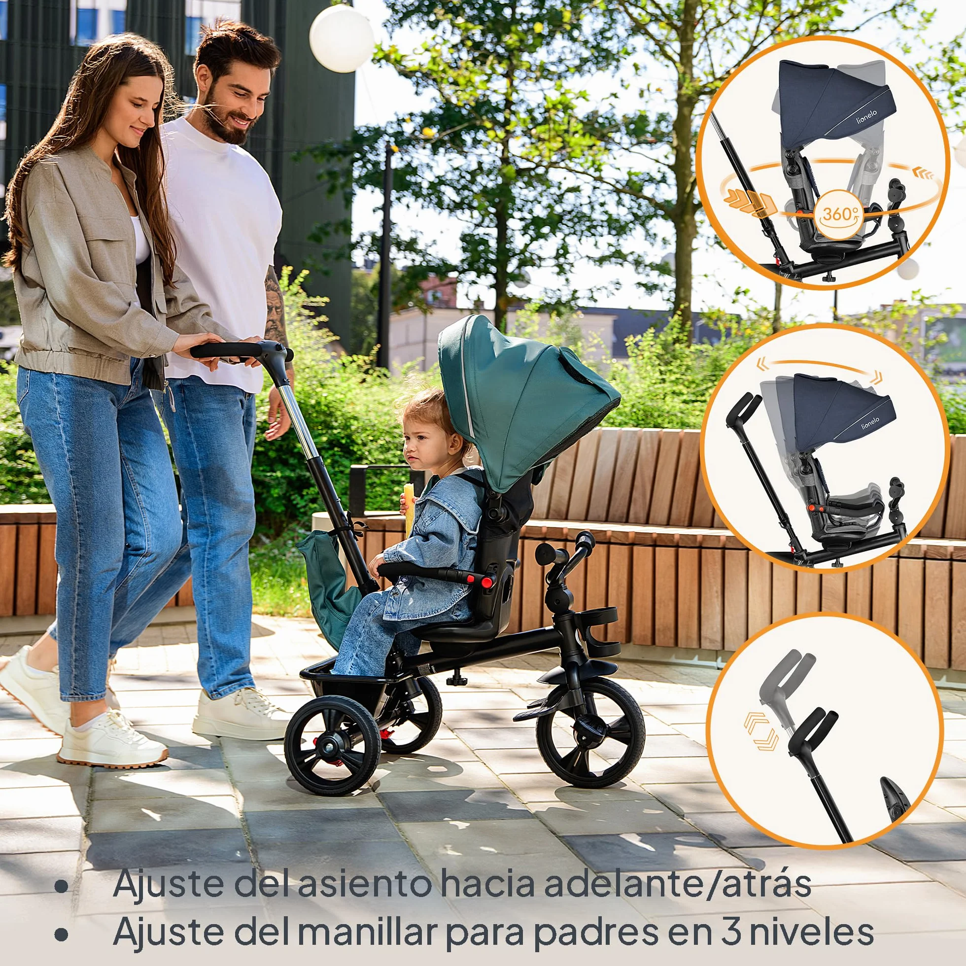 LIONELO Haari Triciclo Evolutivo para Niños, Bicicleta Bebe 4 en 1, Menores hasta 25 kg, 1,5-5 años, Carrito Cesta espaciosa, Bolsa y portavasos, Cinturones de 3 Puntos, Toldo Jeans