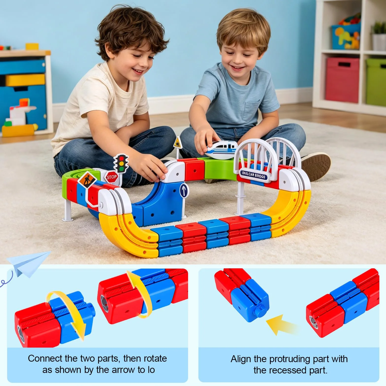 Tren Eléctrico Niños 82 Piezas con 1 Tren – Pista 3D Antigravedad klick-Rail, Bloques de Construcción DIY Cube Track, Juguete Educativo Stem para Niños de 4 a 8 Años