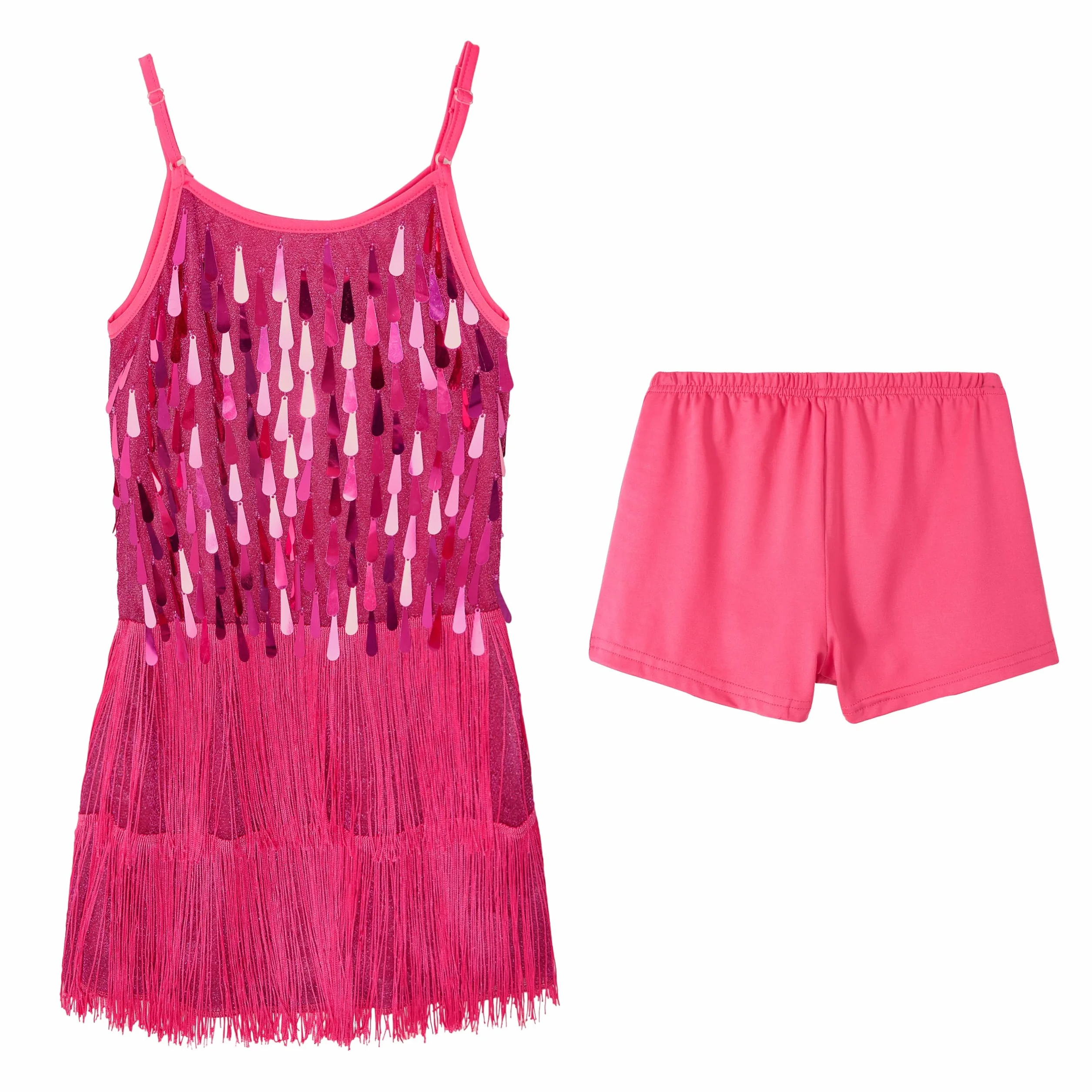 LOLANTA Traje de Baile con Flecos de Lentejuelas para Niñas, Conjunto de Baile Latino Salsa Rumba, Minivestido Brillante Sin Mangas con Pantalón Corto