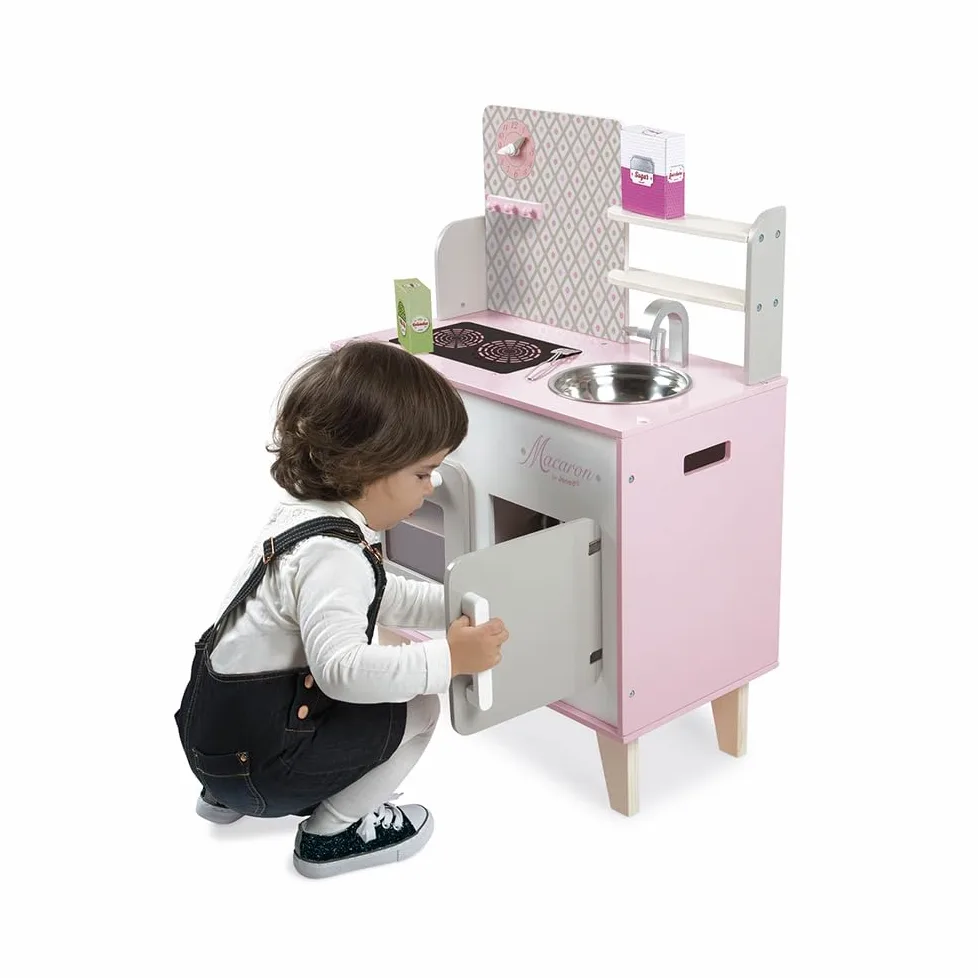 Janod - Cocina Infantil de Madera Macaron - Equipada con Nevera y Microondas - Con Sonidos - Imitación y Desarrollo - 5 Accesorios Incluidos - Desde 3 años, J06567, Rosa y Blanco