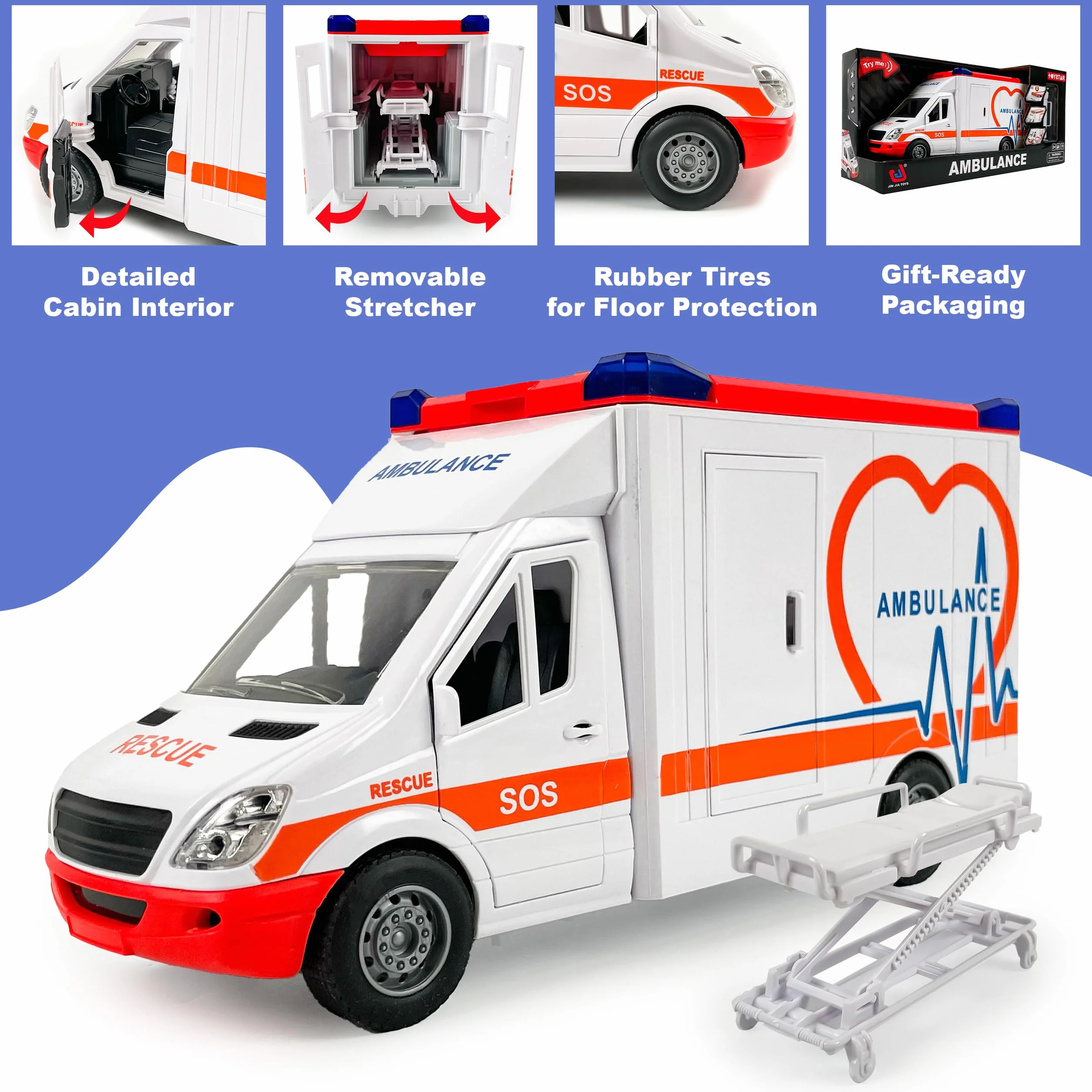 CELMAN Juguete de ambulancia, ambulancia ambulancia con camilla, portón trasero para abrir, luz y sonido, coche de juguete grande para niños a partir de 3, 4, 5, 6, 7, 8 años