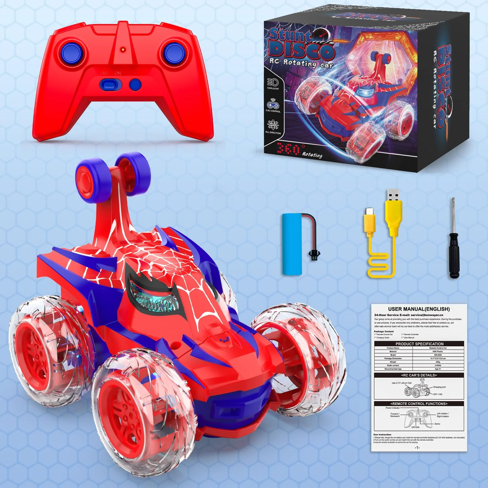 Coche Teledirigido Spider 2.4Ghz Radiocontrol Monster Truck con Luces RC Juguetes Niños 3-12 Años 360°