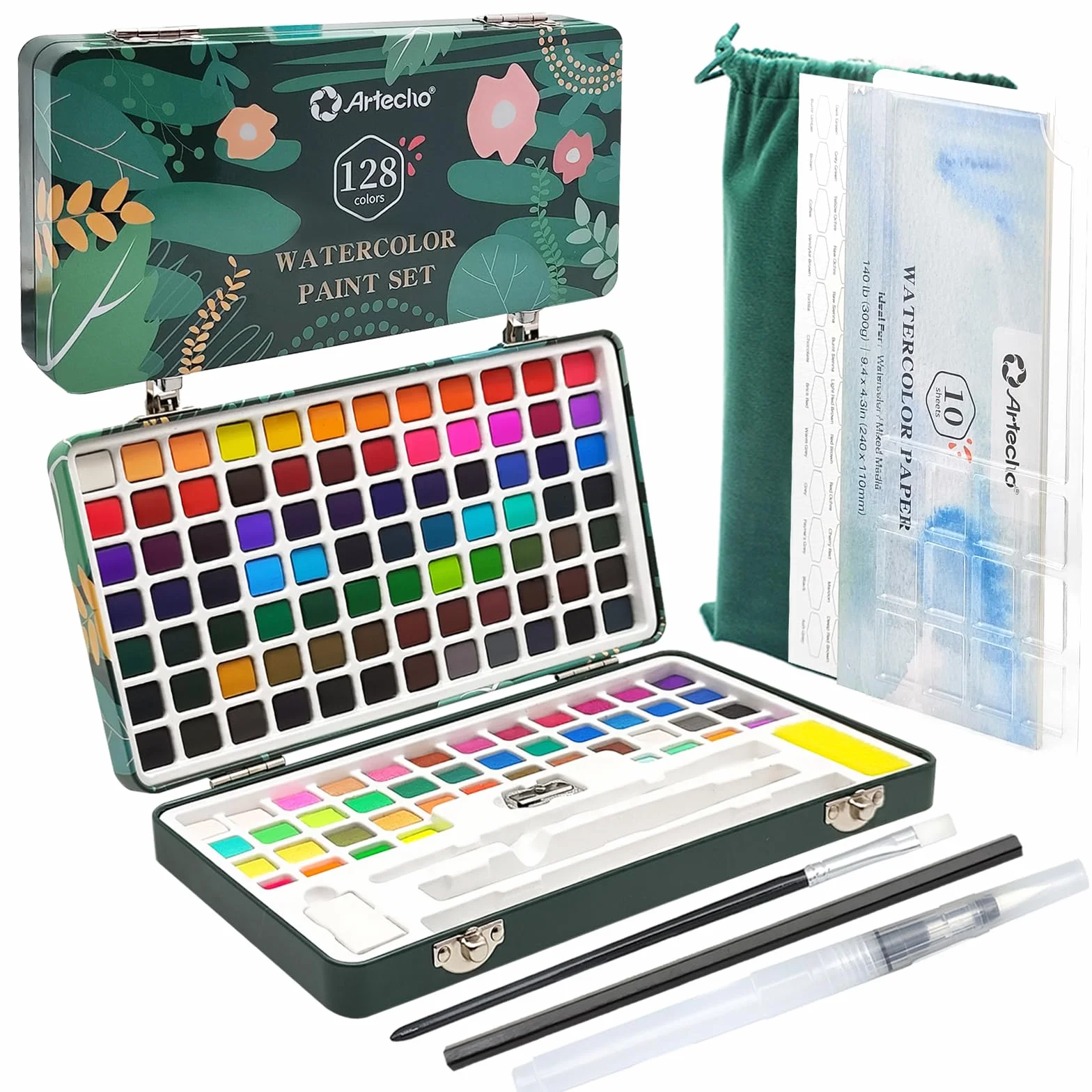 Artecho Juego de pintura de acuarela de 128 colores en caja portátil con paleta de acuarela, papeles de acuarela y pinceles, ideal para adultos, artistas y aficionados