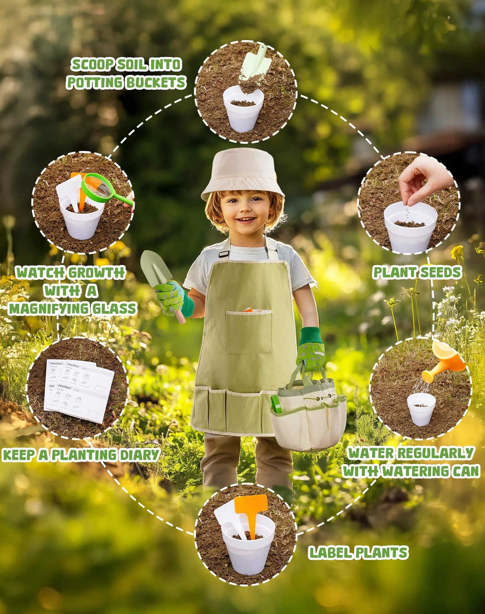 ROBOTIME Juego de herramientas de jardinería para niños, kit de herramientas de jardín de 18 piezas para niños pequeños con regadera, guantes, delantal y sombreros, bolsa de herramientas y juego de