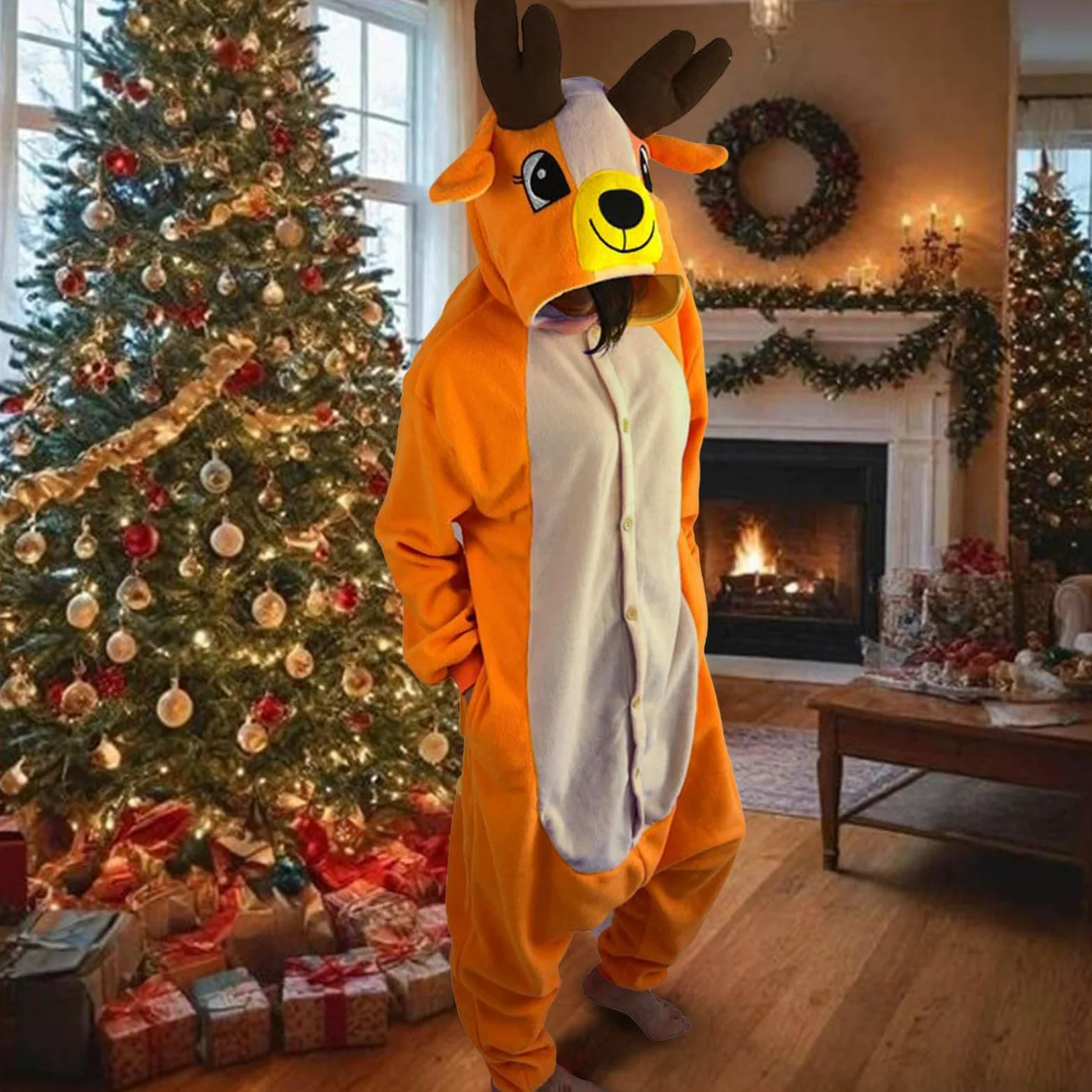 HHRLCH Womens and Mens Fleece Pajamas Sleepwear Pajamas Hooded Jumpsuit Rompers Clubwear Nightwear Cute Animal Deer Pattern for Christmas Morning or Family Photos