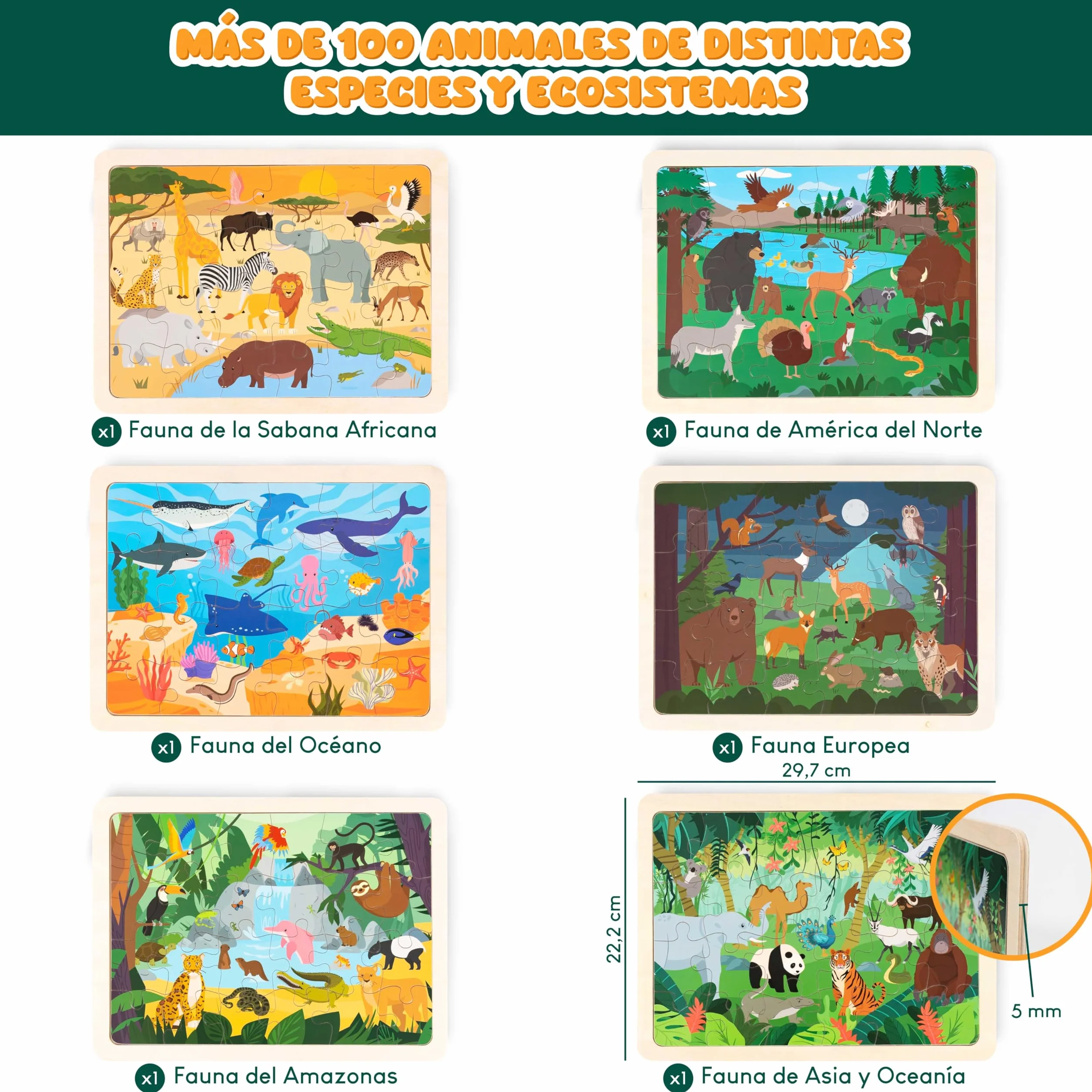 BONNYCO Puzzle Madera para Niños 6 Sets 24 Pcs, Animales Ecosistemas, Juguetes Educativos 3-8 Años