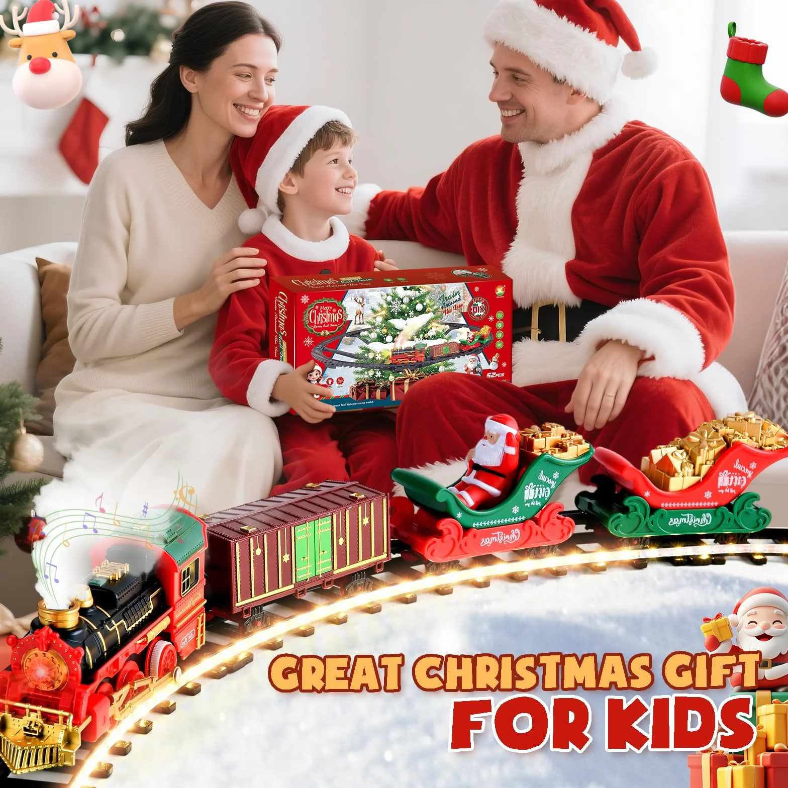 Tren Eléctrico de Navidad con Riel Luminoso - Tren Navideño para Árbol con Luces LED Cálidas, Spray y Sonido, Set Clásico de Trenes de Navidad para Niños 3 Años o Más - Regalo Mágico