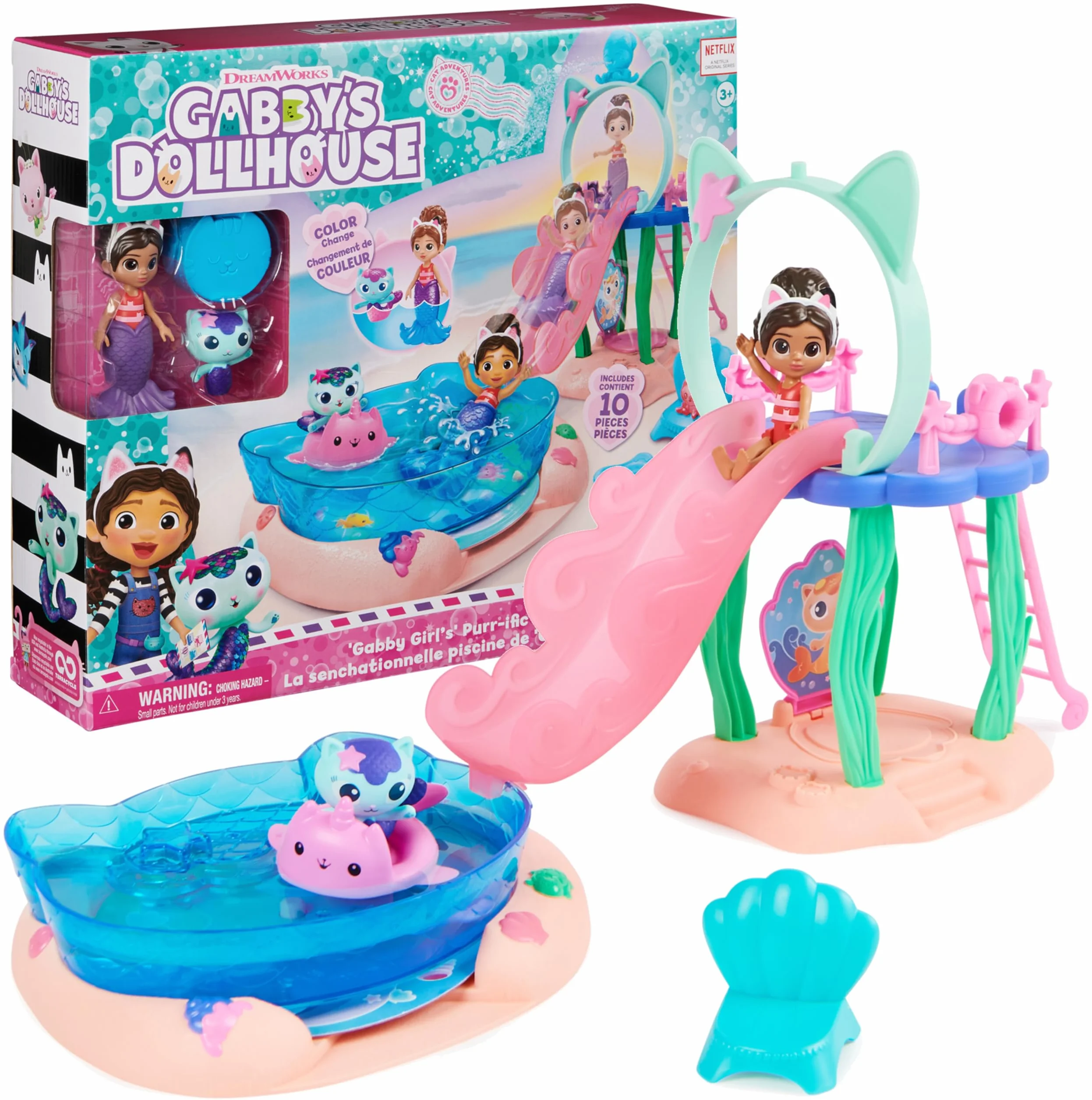 LA CASA DE MUÑECAS DE GABBY - Piscina con Figura de Gabby y Siregata, Colas de Sirena que Cambian de Color y Accesorios de Piscina - 6067878 - Juguetes Niñas 3 Años + Regalo Niña 3 años +
