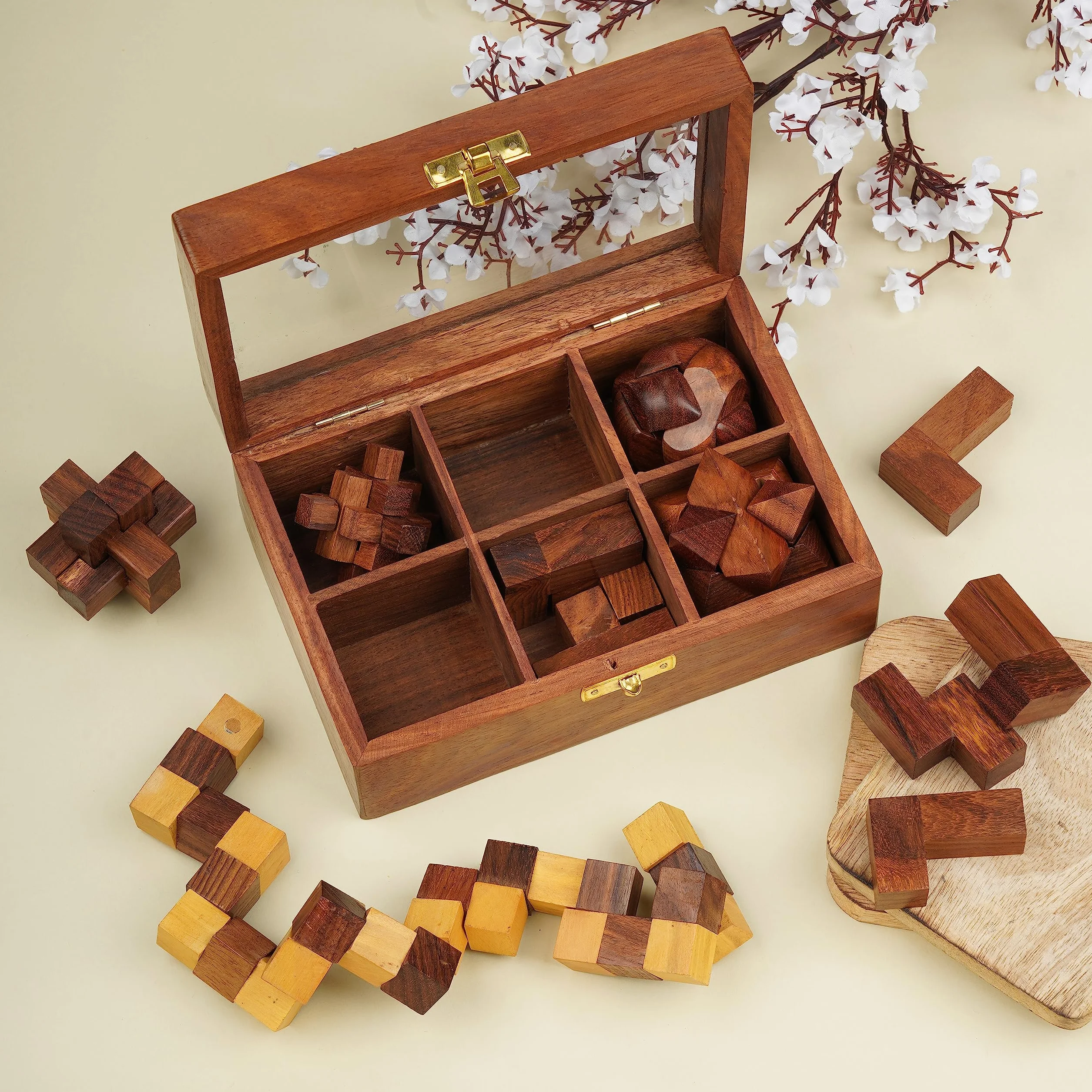 Ajuny Set de Juegos de Rompecabezas de Madera - Desafiantes 3D para Adolescentes y Adultos con Caja de Almacenamiento Decorativa para Pruebas de IQ, Juegos Artesanales como Regalos