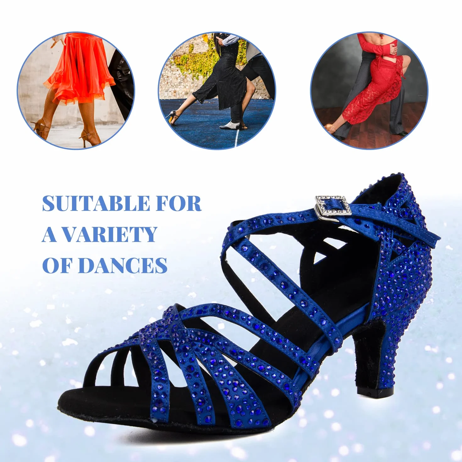 Zapatos de Baile Latino para Mujer con Diamantes de Imitación Salsa Tango Bachata, Azul 6cm Tacón, 36 EU