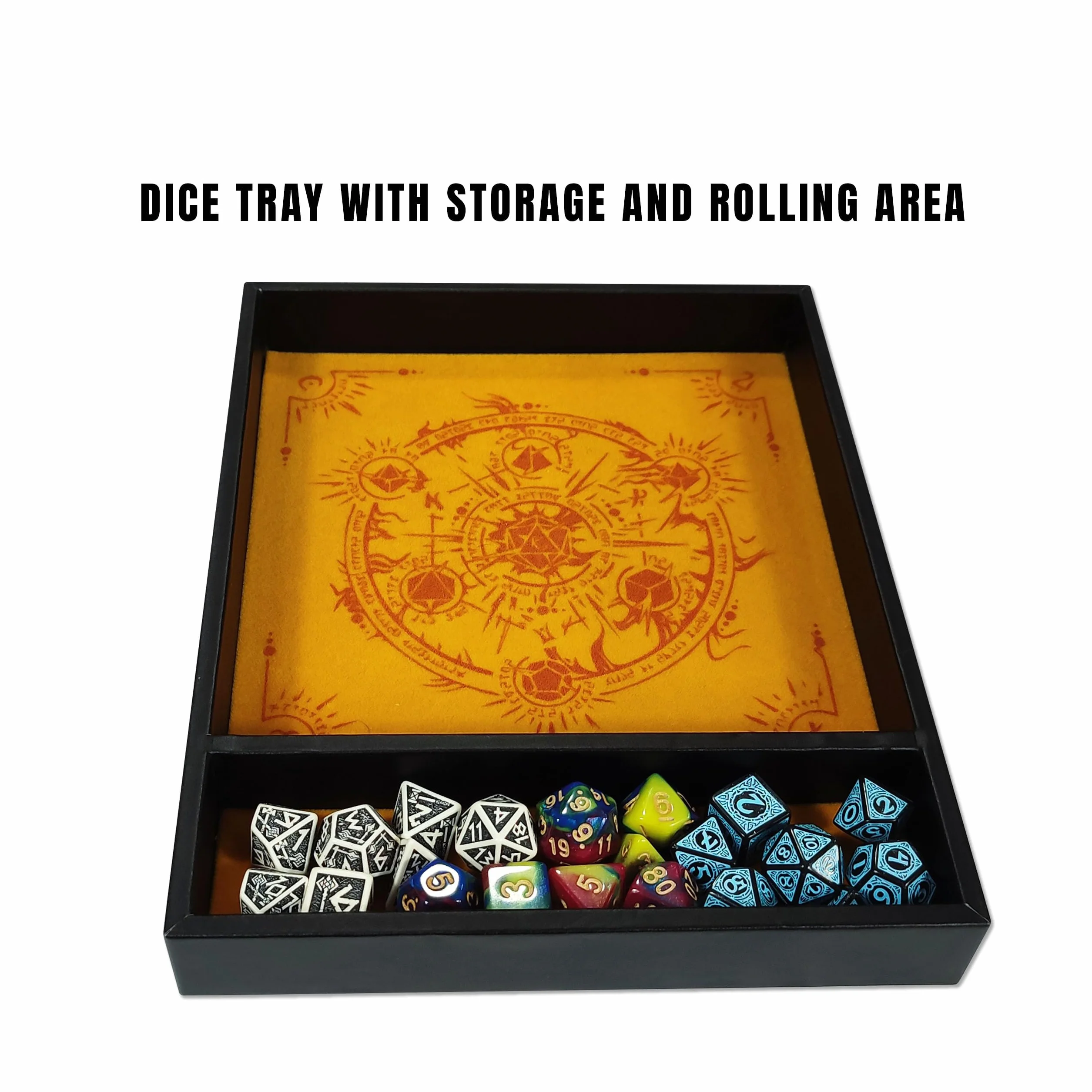 Bandeja Dados Rectangular 'Critical Roll', Fabricada con Polipiel y Terciopelo, Zona de Almacenamiento, DISEÑO Exclusivo y Compatible con Cualquier Juego de Mesa y rol (Amarillo)