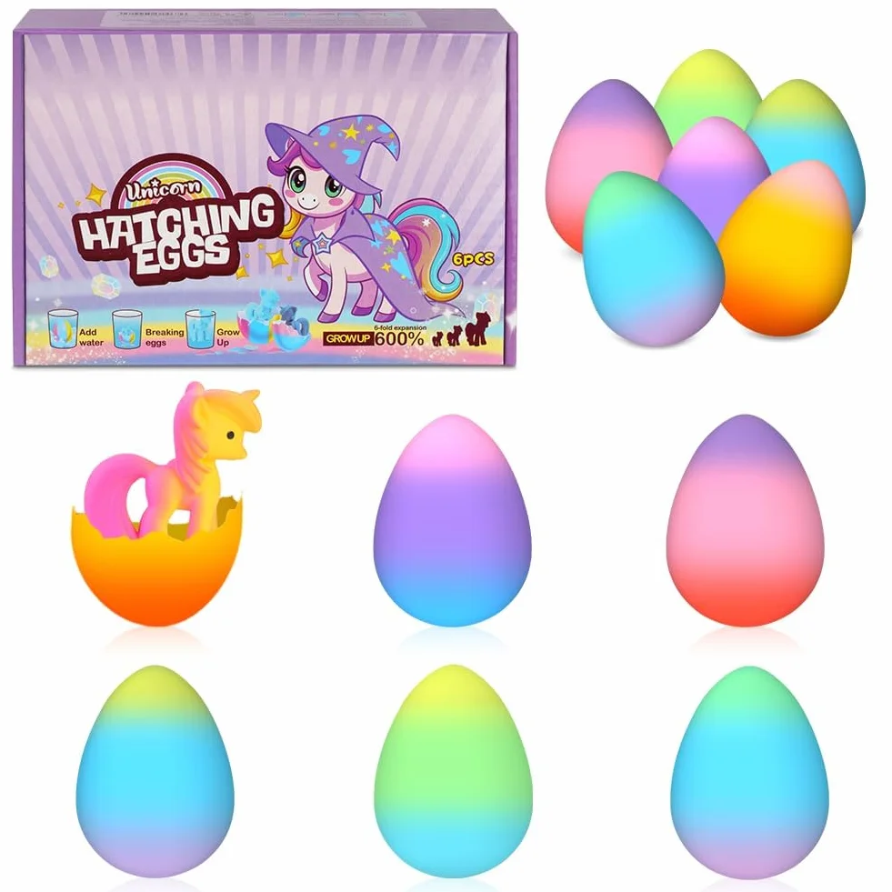 Unicornio Eclosionando Huevos Arcoíris, 6 Huevo de Unicornio Juguete para incubar en Agua, Caja Sorpresa para Eclosión Mágica para Niños Niñas Regalos para Cumpleaños Pascua