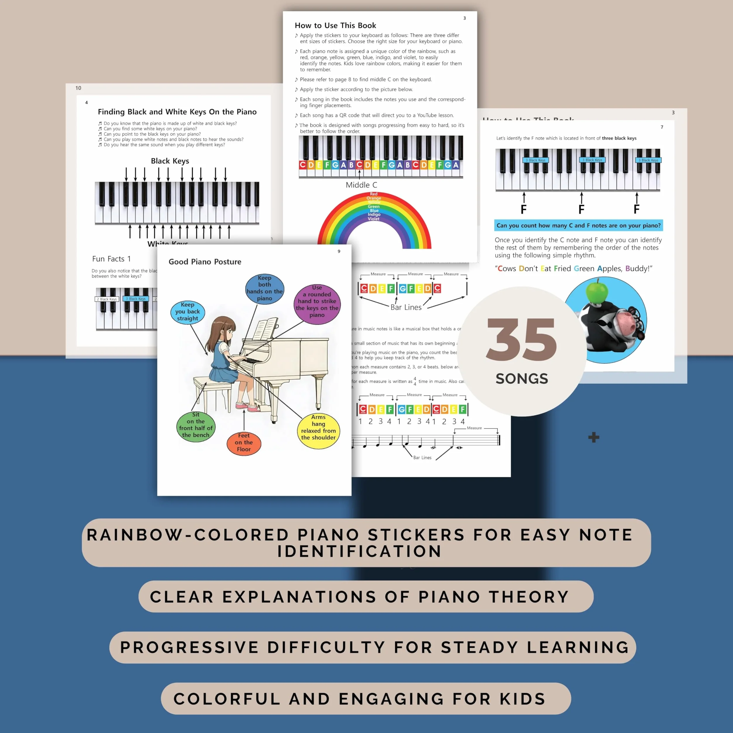 QMG Calcomanía de piano y teclado de color arcoíris y libro de aprendizaje de piano para niños, instrucciones fáciles de seguir para niños, libro de piano para principiantes para niños, partituras de