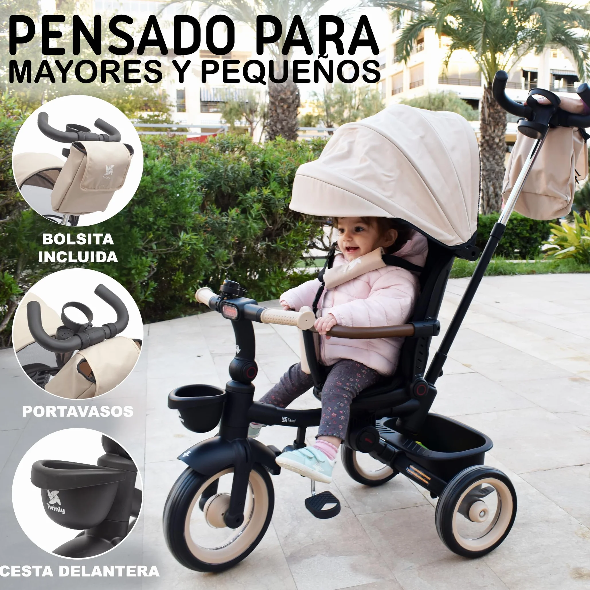 Twinly Triciclo Evolutivo Bebé Plegable Sami, Verde Oscuro | Asiento Reversible 360° , Respaldo Reclinable, Cinturón de 5 Puntos, Capota UPF50+, Plegado Compacto