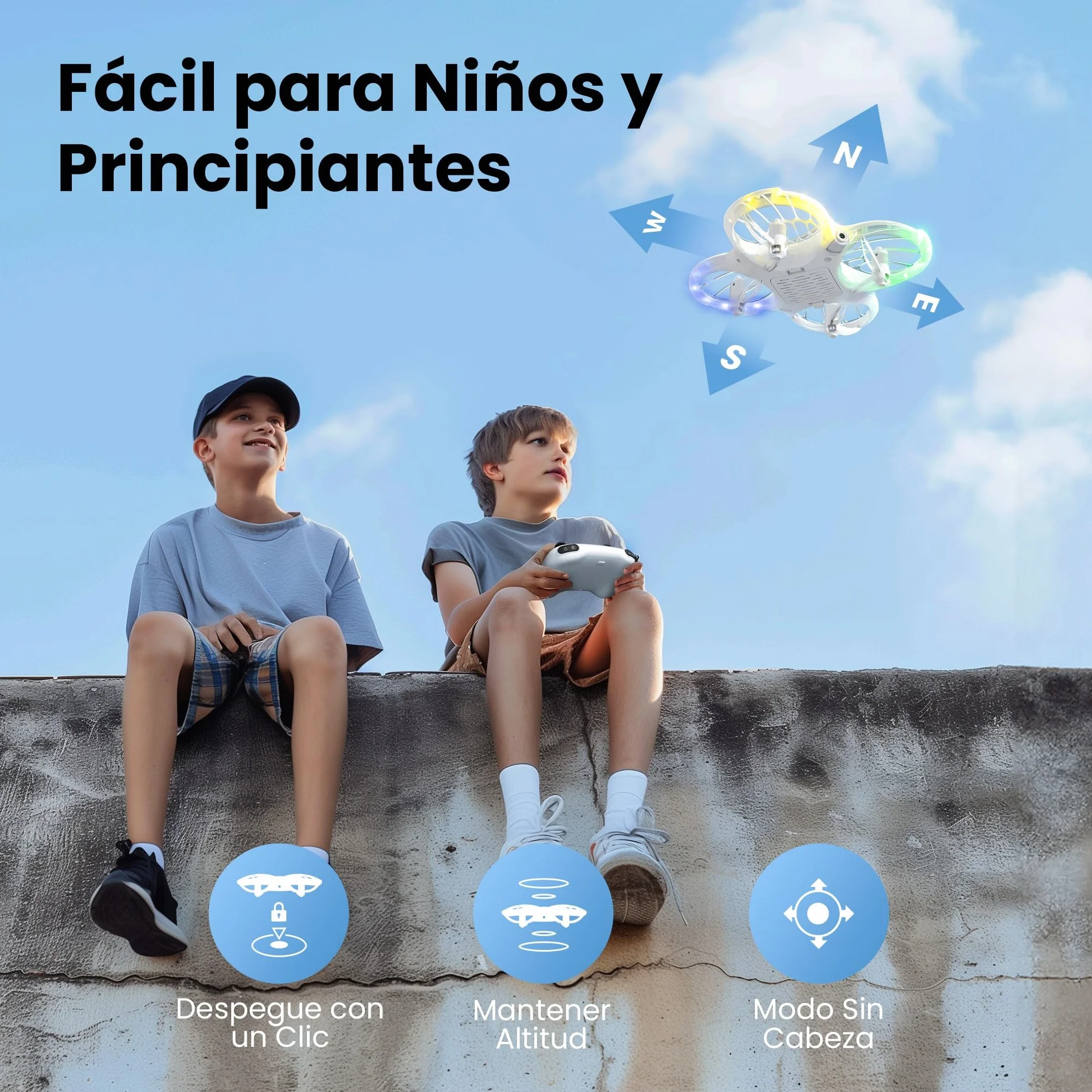 Ameta Morpho Dron para Niños con Camara 1080P, Mini Drone FPV con 32 Luces RGB/Vuelo en Círculo/ 3D Voltear/ 18min de Vuelo/Timbre Perdido, Juguetes Regalo para Niños Niñas, Menos de 250g