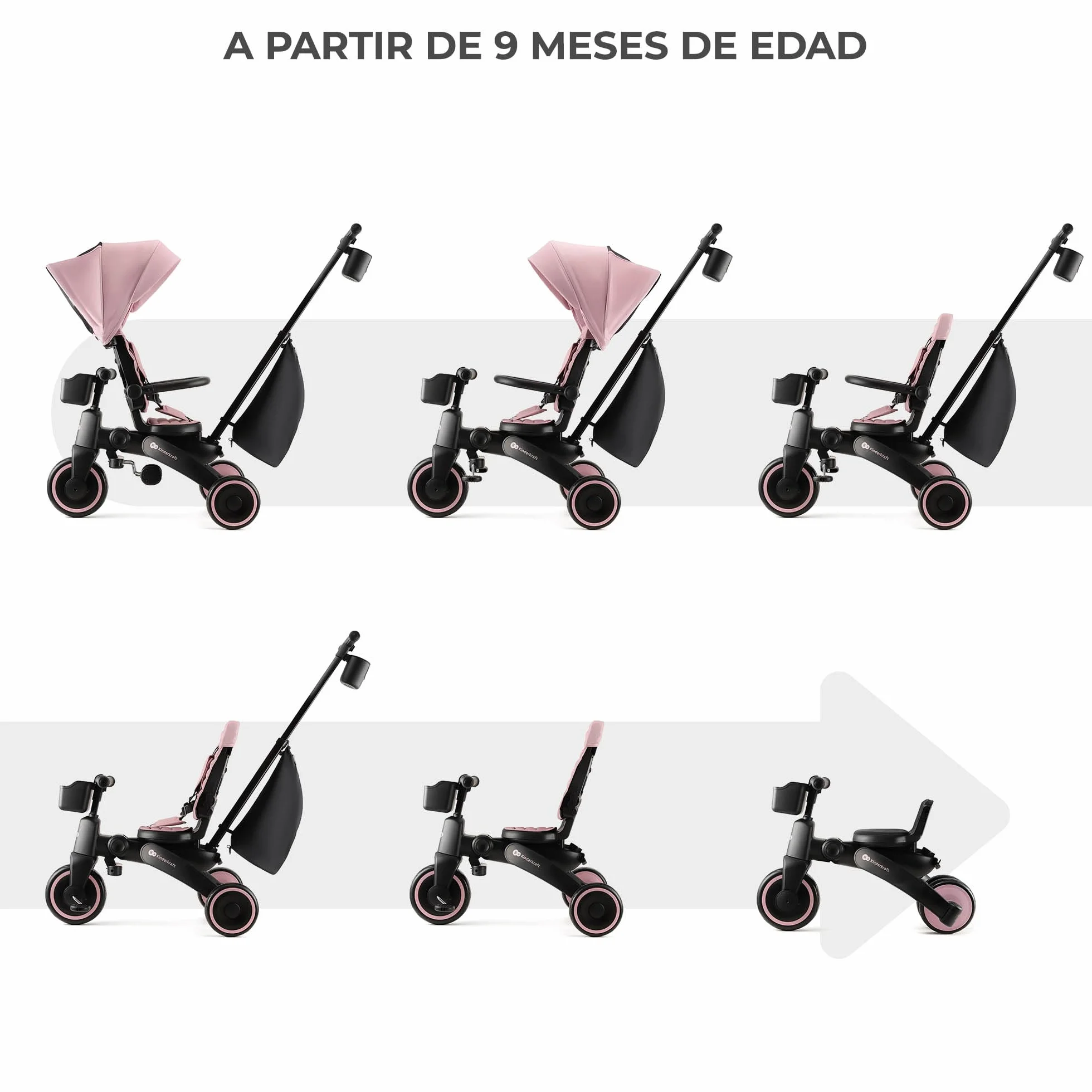 Kinderkraft JAZZ2 Triciclo 6 en 1, con función de Rueda para niños, Cochecito Plegable con Accesorios, protección UV UPF50+, de 9 Meses a 5 años, Rosa