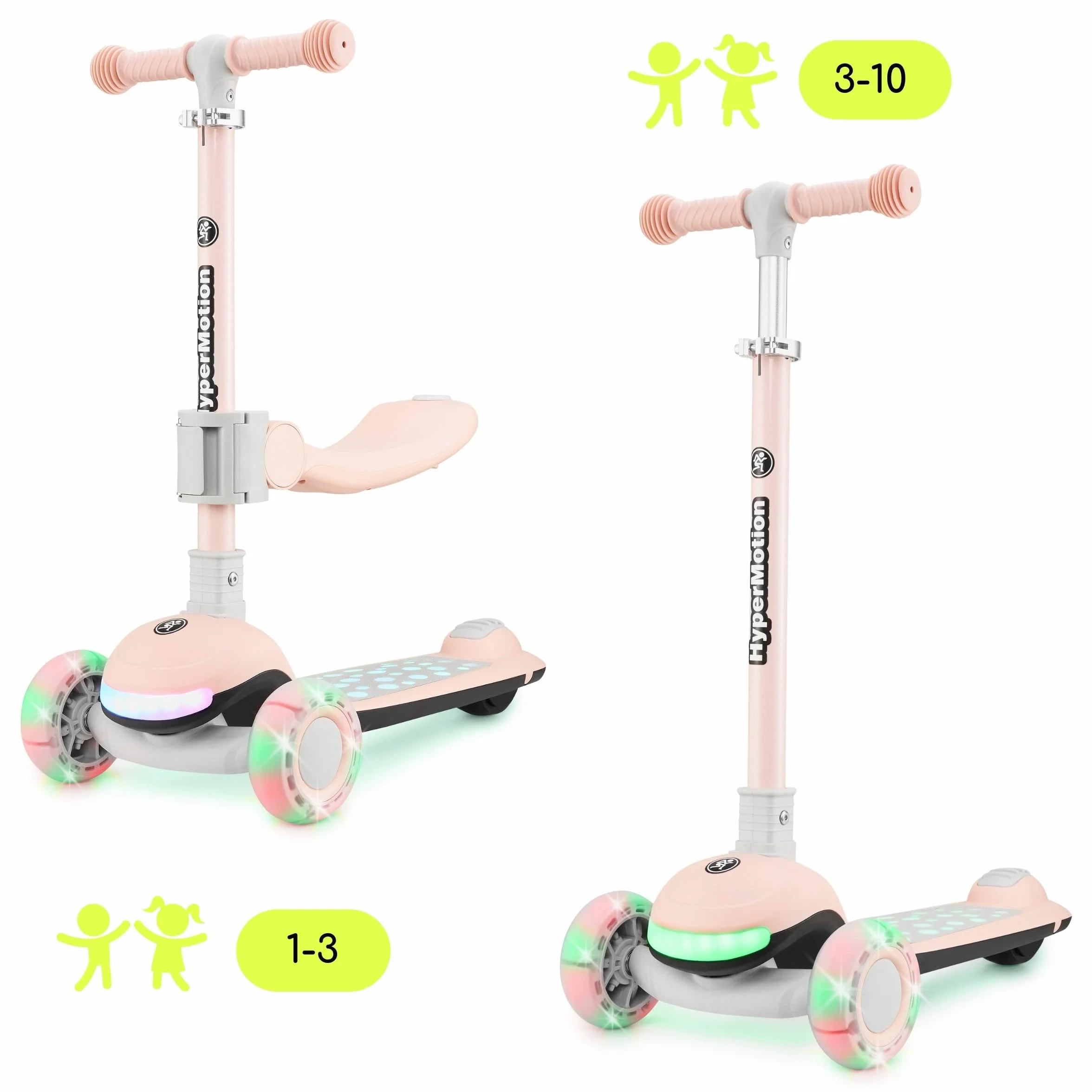 HyperMotion Patinete para niños con Luces LED 3 en 1 LUMI, Asiento Ajustable, Plegable, Ruedas de PU, Manillar T-Bar, hasta 50 kg, Desde 1 año, Uso Interior y Exterior (Rosa)