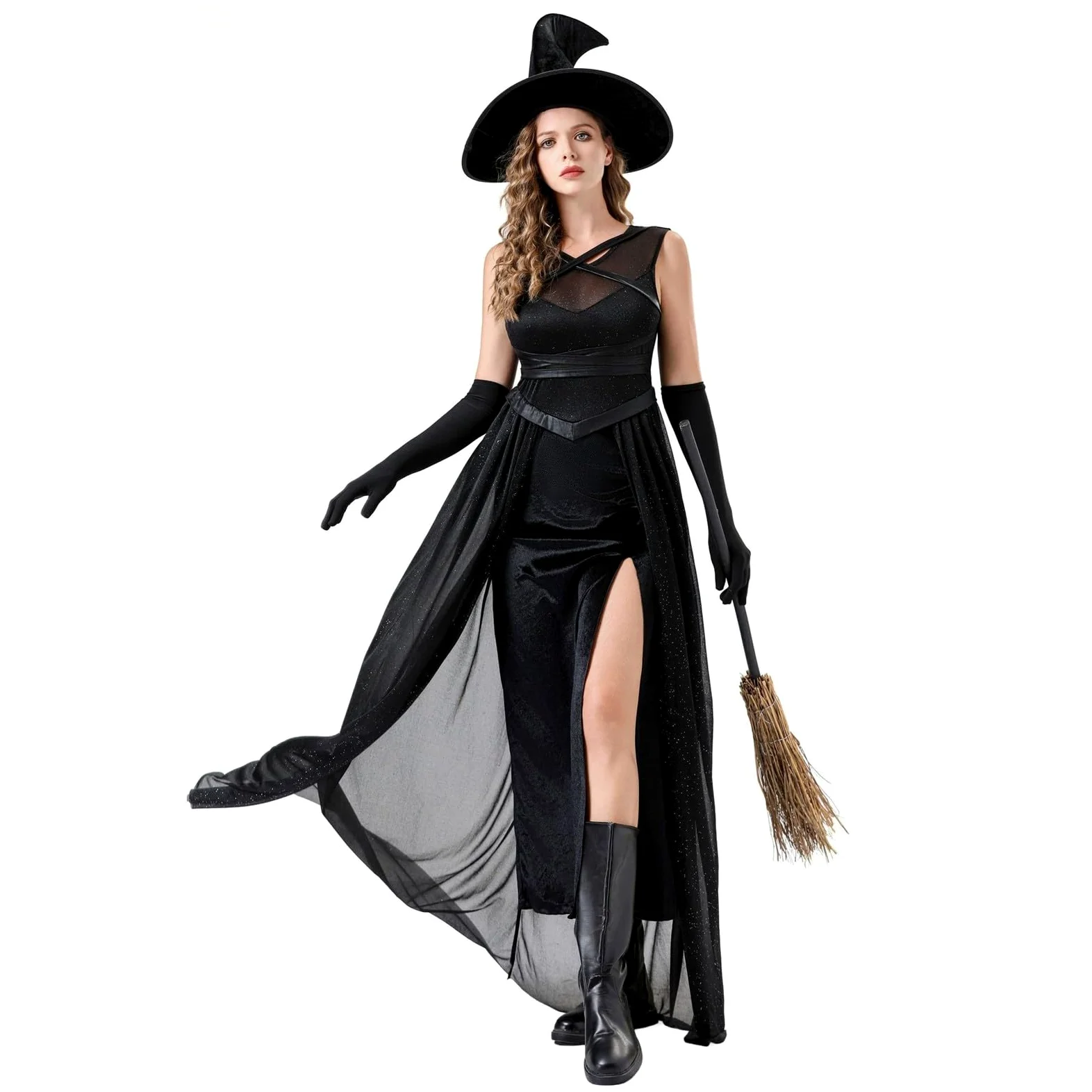 Generisch Disfraz de Halloween para mujer, disfraz de bruja sexy, disfraz de cosplay, capa de bruja, negro, medias de red, carnaval, disfraz de bruja, juego completo, sombrero de bruja, disfraz de