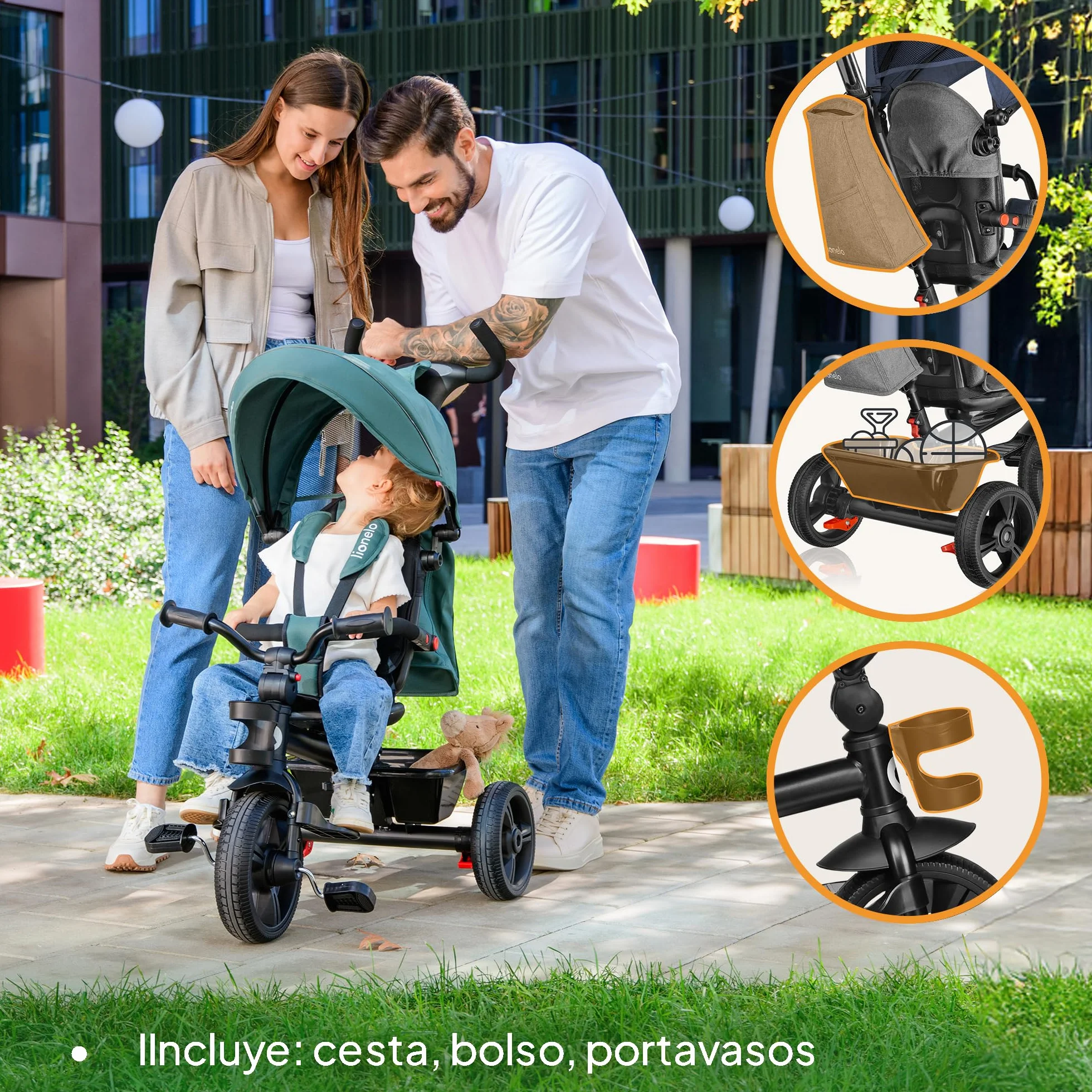 LIONELO Haari Triciclo Evolutivo para Niños, Bicicleta Bebe 4 en 1, Menores hasta 25 kg, 1,5-5 años, Carrito Cesta espaciosa, Bolsa y portavasos, Cinturones de 3 Puntos, Toldo Jeans