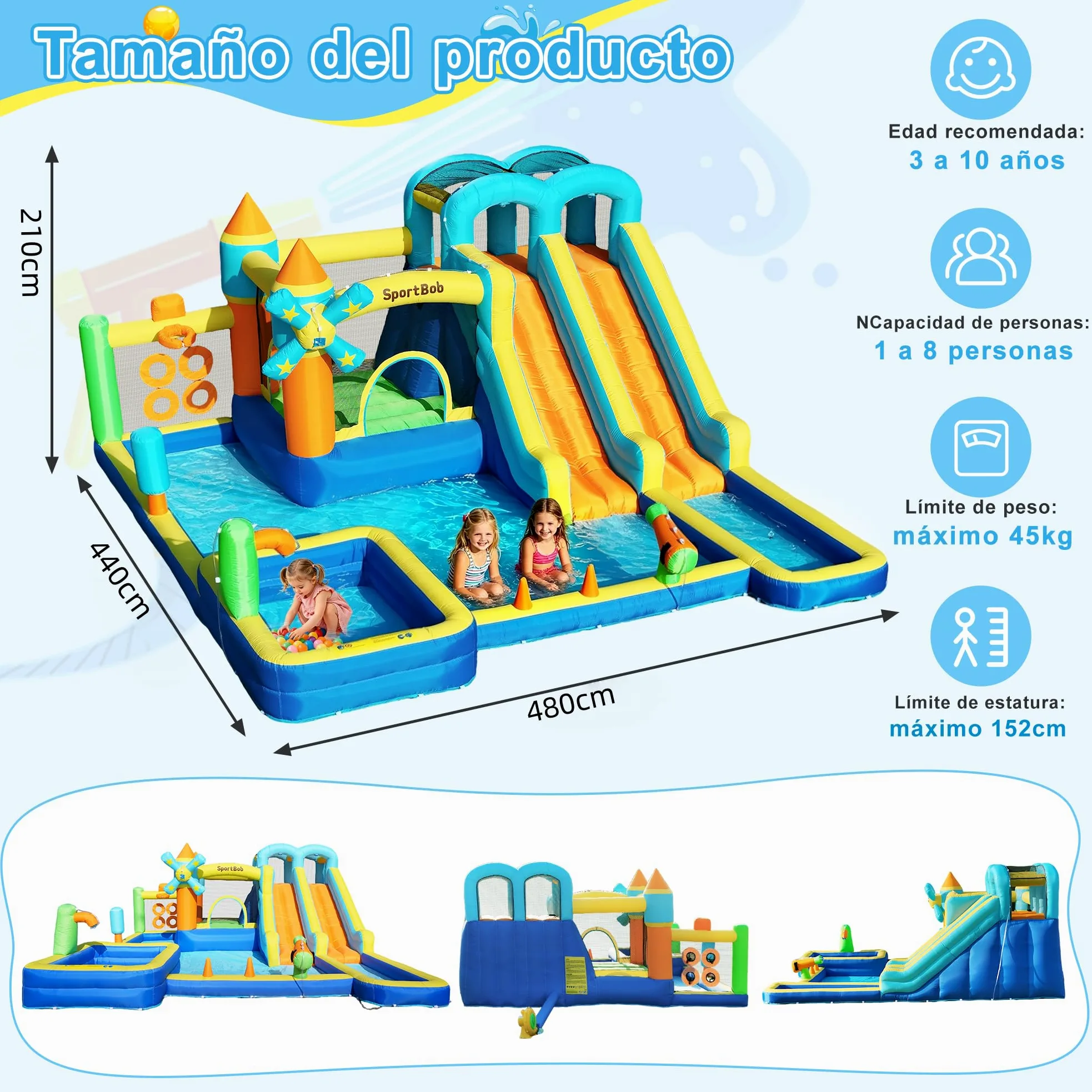 Castillo hinchable con doble tobogán, soplador, piscina infantil, zona de salto y pared de escalada, ideal para uso en interiores y exteriores, reuniones familiares y ocasiones de cumpleaños