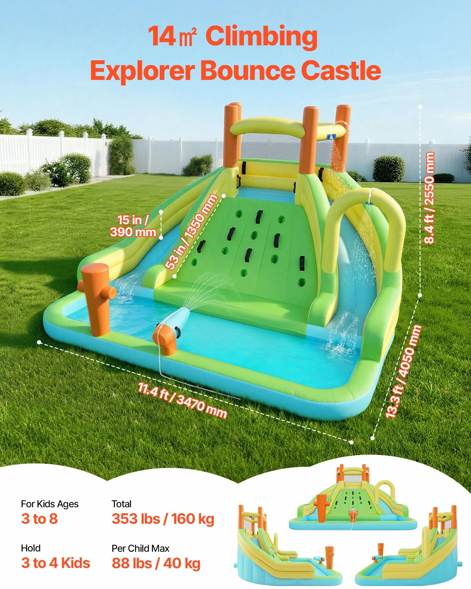 VEVOR Castillo Hinchable con Soplador 405 x 347 x 255 cm, Parque Infantil Inflable con 2 Toboganes Acuáticos, Piscina de Chapoteo, Muro de Escalada y Zona de Rebote para 3 a 4 Niños de 3 a 8 Años