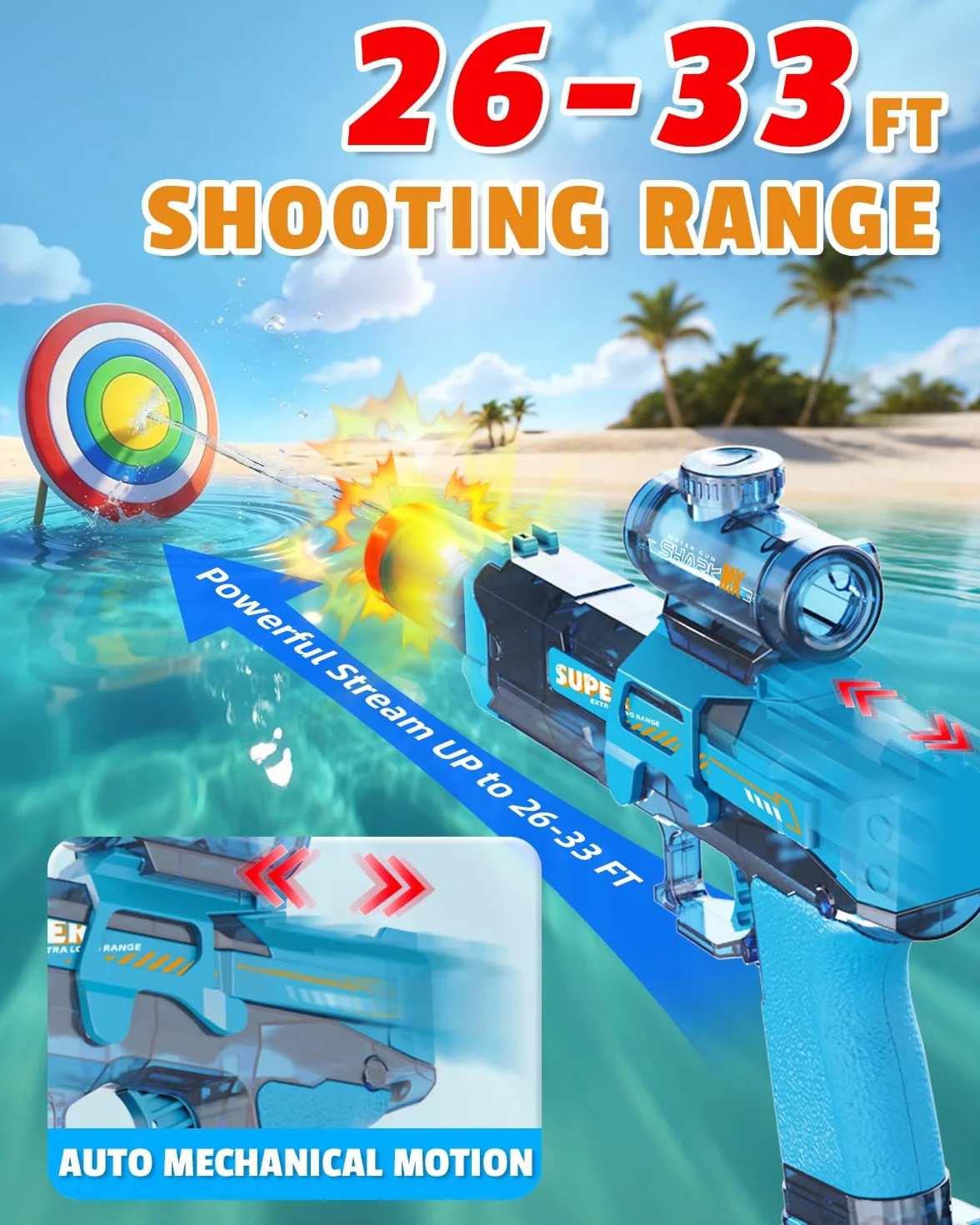 2 Piezas Pistola de Agua Eléctrica, Pistola de Agua Niños con Llama LED, Gran Capacidad Recargable Pistola de Agua Automática, Alcance 8-10 M, Exterior Juguetes para Niños 3+, Piscina, Playa, Fiesta