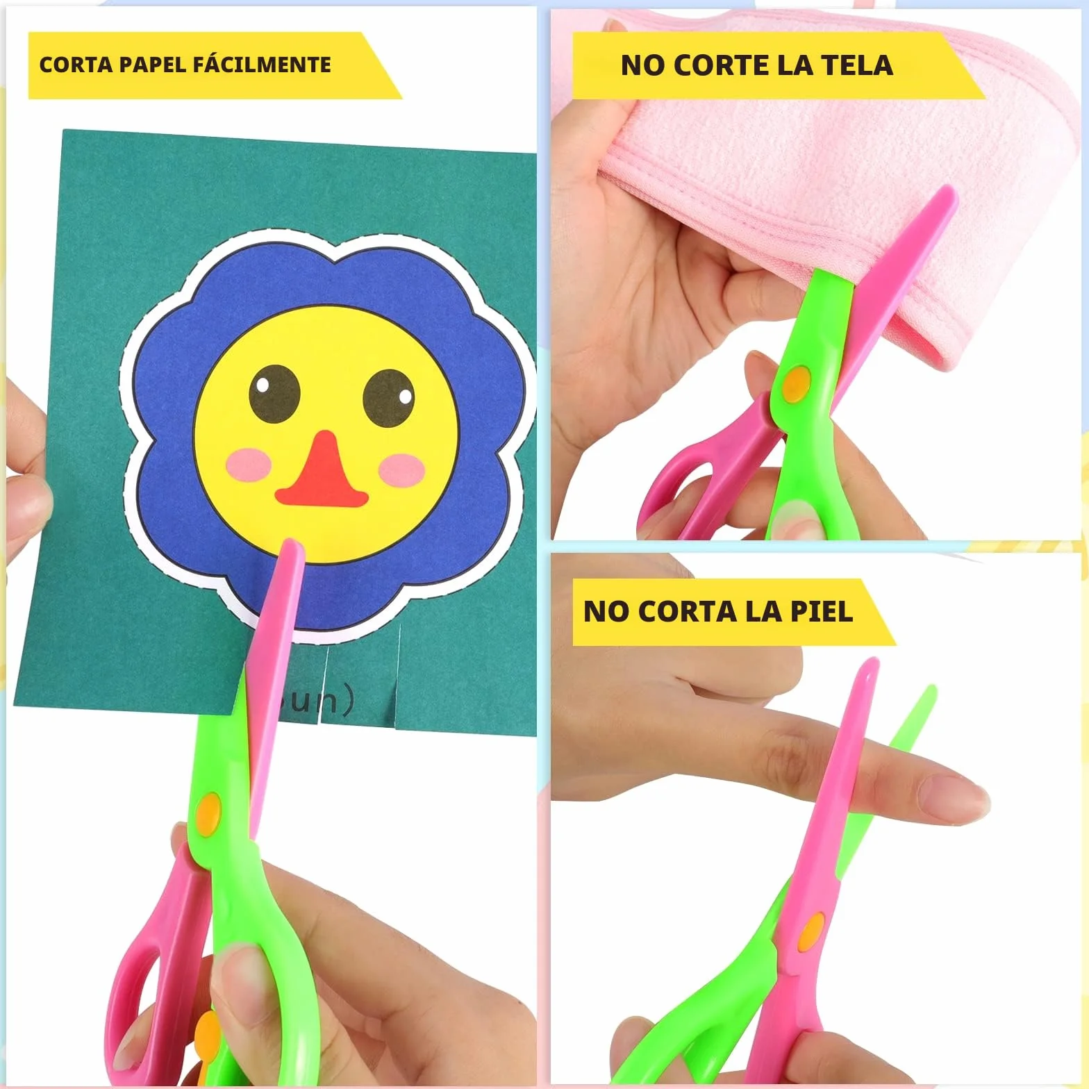 Juego de corte de papel para niños, 2 unidades de tijeras de plástico de seguridad para niños, con 96 hojas de papel con frutas de animales, tijeras para manualidades, tijeras de papel, habilidades