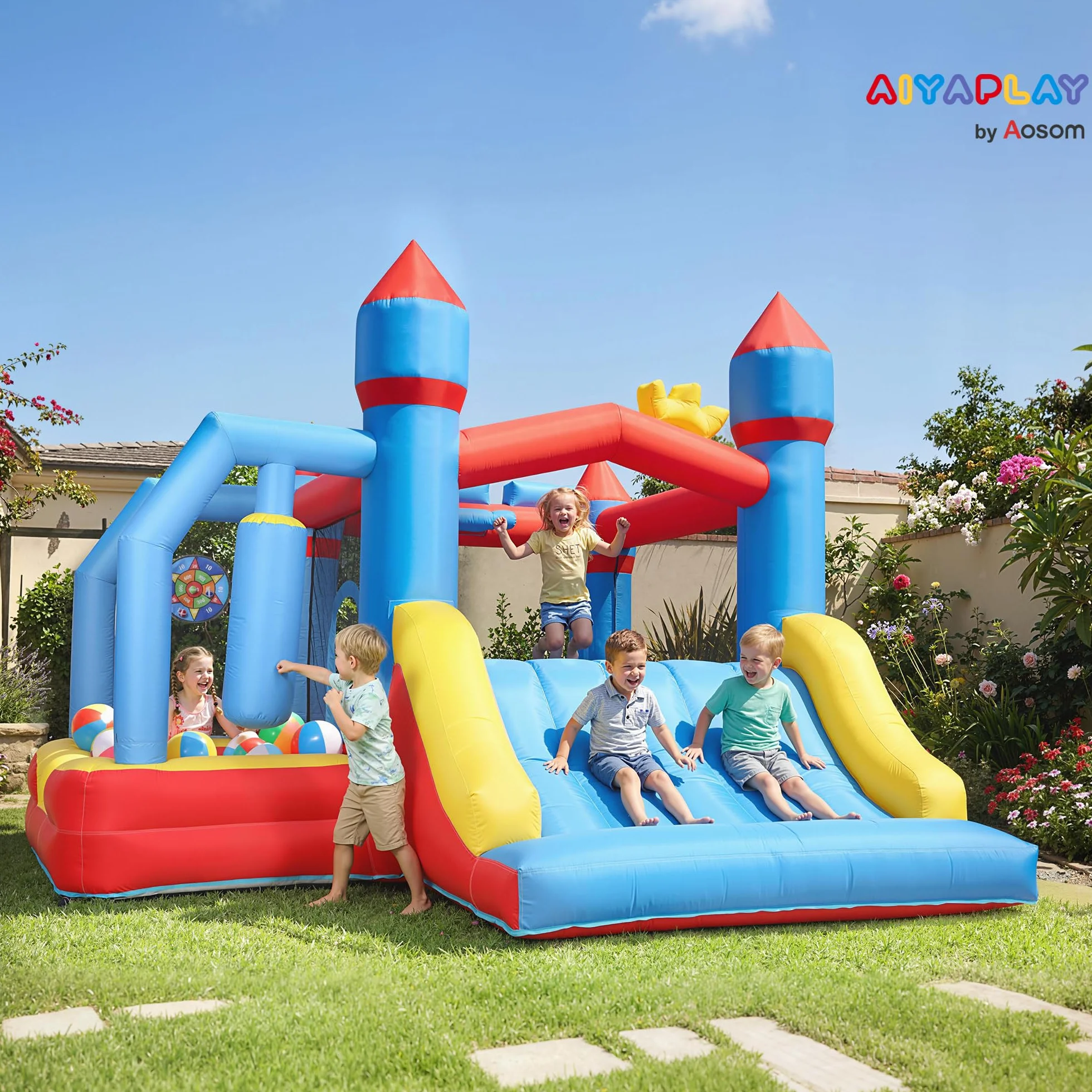 AIYAPLAY Castillo Hinchable para Niños con Soplador, Castillo Hinchable con Tobogán, Zona de Salto, Piscina, Pilar de Boxeo y Aro de Baloncesto, para Niños 3-8 Años, Interior, Exterior, 277x270x215 cm