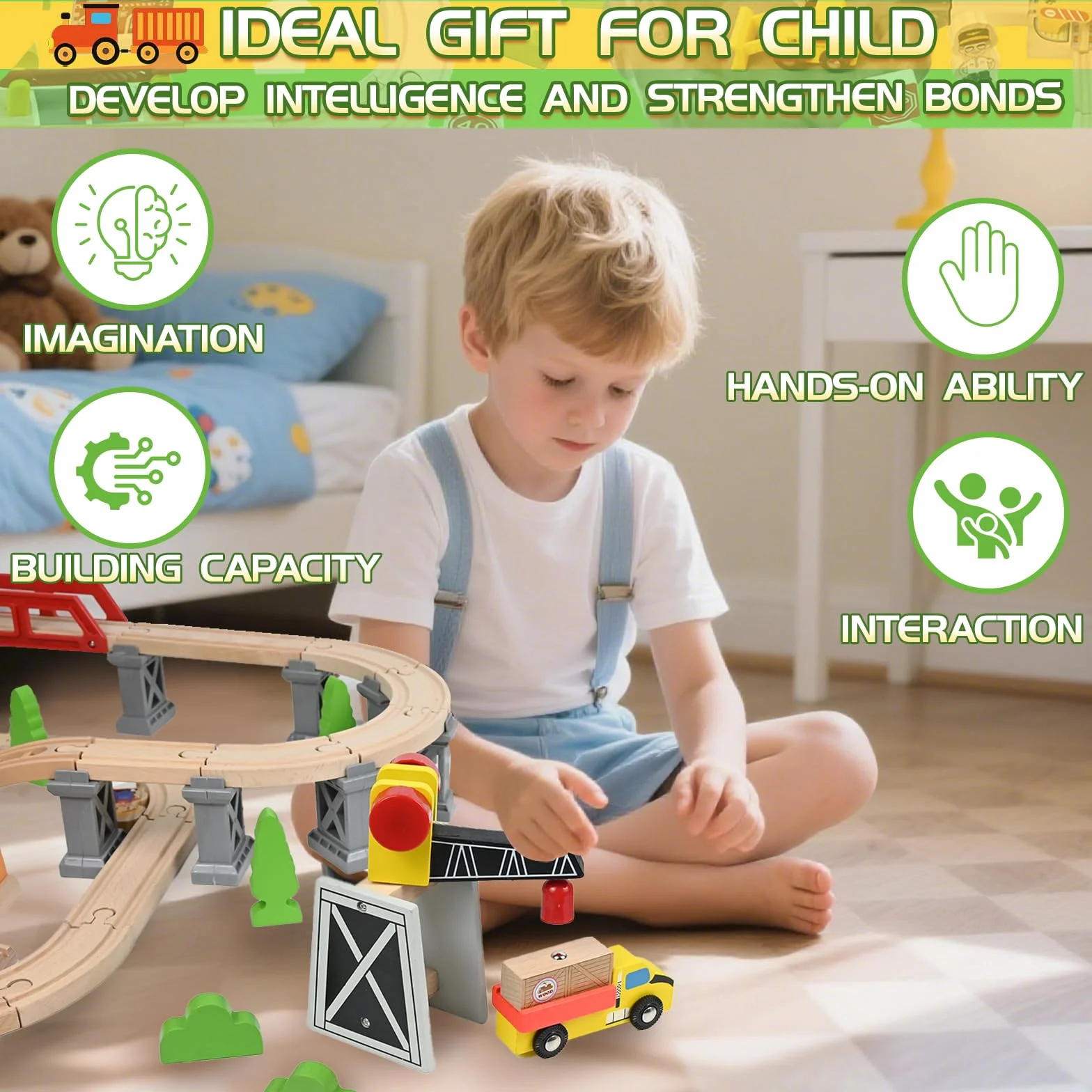 HERMORRYSS Tren de Madera para Niños, 100 Piezas Vías de Tren de Madera y Juguetes de TrenS, TrenS Eléctrico, Ferrocarril de Ingeniería con Grúa Magnética, Figuras, Regalo para Niños y Niña de 3+ Años