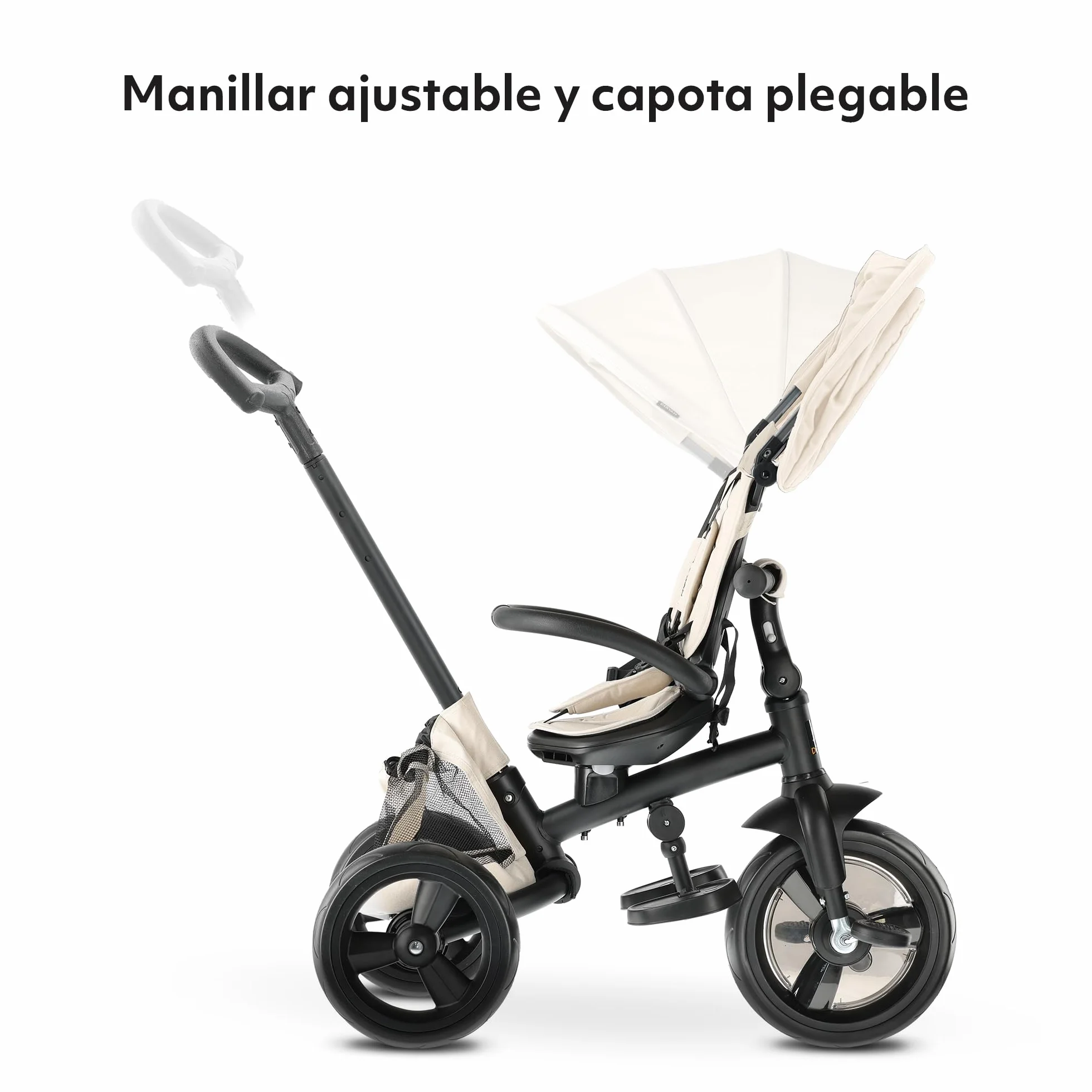 Deryan Explorer Triciclo 9 Meses a 25 kg - Evolutivo, Bicicleta Sin Pedales, Bicicleta Bebe, Plegable, para Niños, Asiento Reversible, Capota con protección Solar, Cesta, Arnés de 5 Puntos - Crema