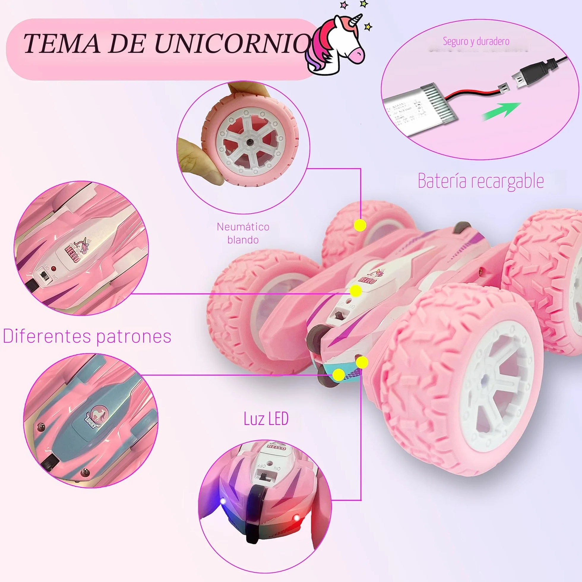 Coche Teledirigido 4WD Unicornio RC 2.4GHz 2 Baterias Rotación 360° Luz para Niños 3-10 años