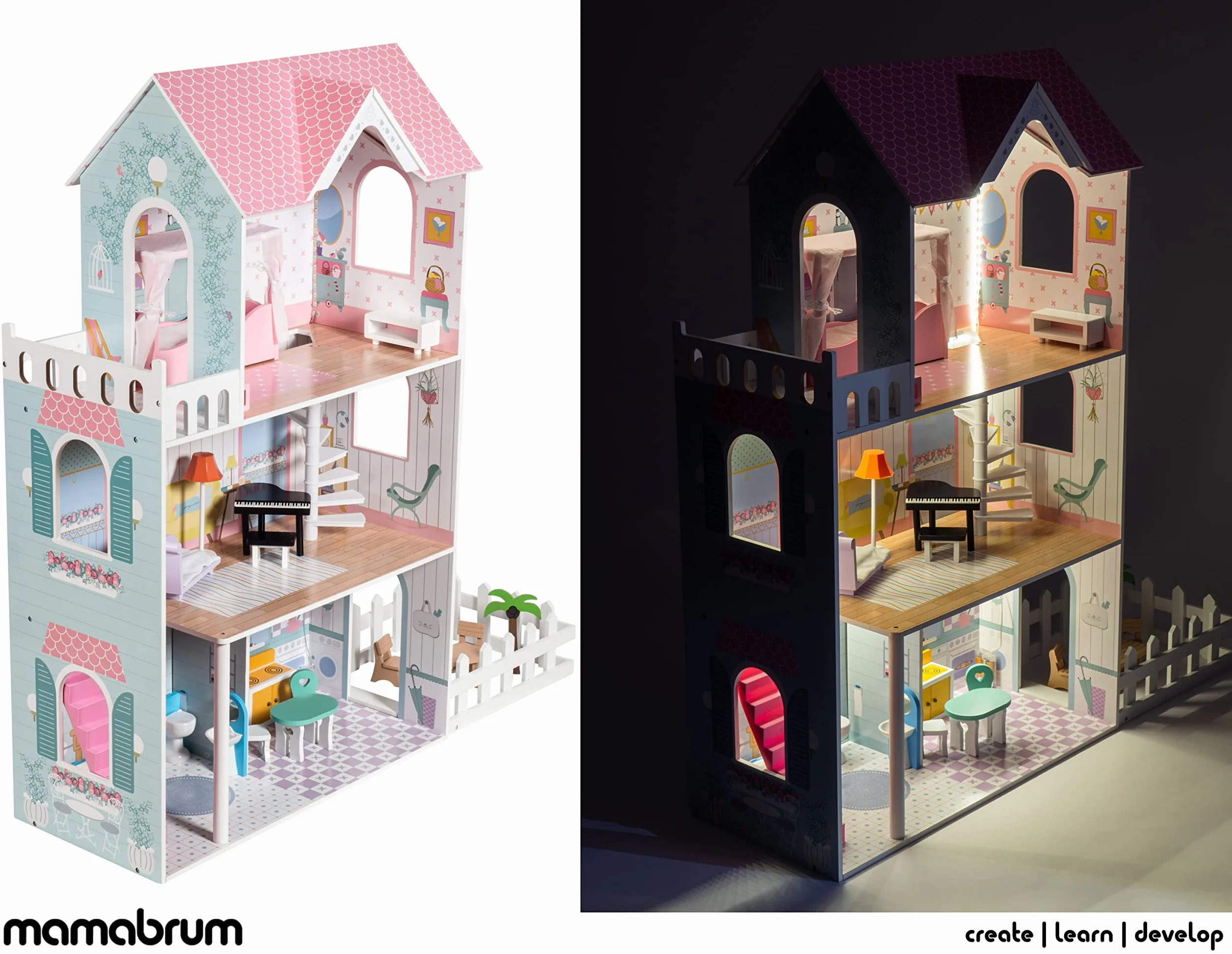 Mamabrum Casa de Muñecas de Madera XXL con LED – Casita de Muñecas de 3 Pisos con Muebles, Jardín y Accesorios – Casa de Barbie de Madera Educativa para Niñas +3 Años
