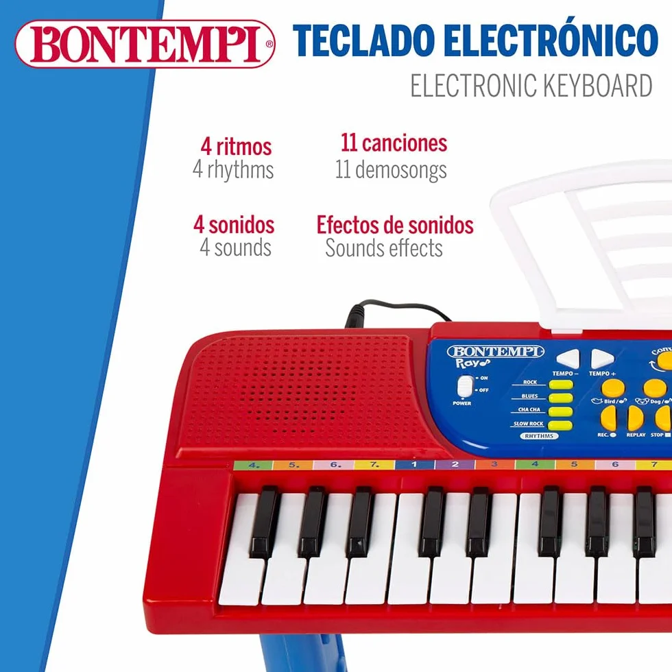 Bontempi Piano Infantil 37 Teclas con Taburete, micrófono y Atril, 4 Sonidos, 4 ritmos, 11 melodías, Función Aprendizaje Okon, Conexión USB-C o 4 Pilas AA (N/I), Juguete Musical, +3 años (47907)