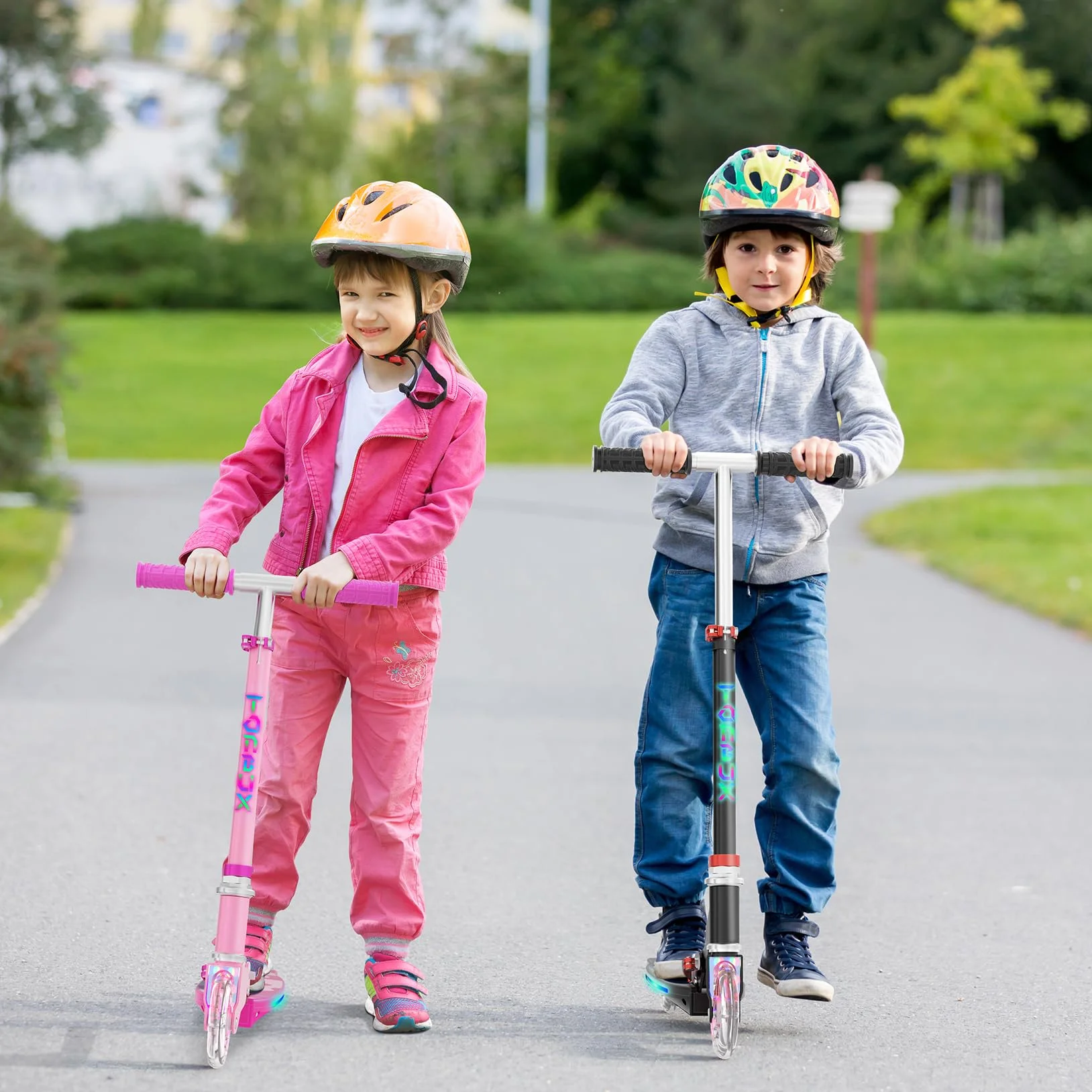TONBUX Patinete Niños de 5 a 12 Años, Patinete Niños con Poste de Iluminación Fresco, Ruedas y Plataforma, Patinete de Altura Ajustable de Nivel 4, Patinete Ligero Plegable