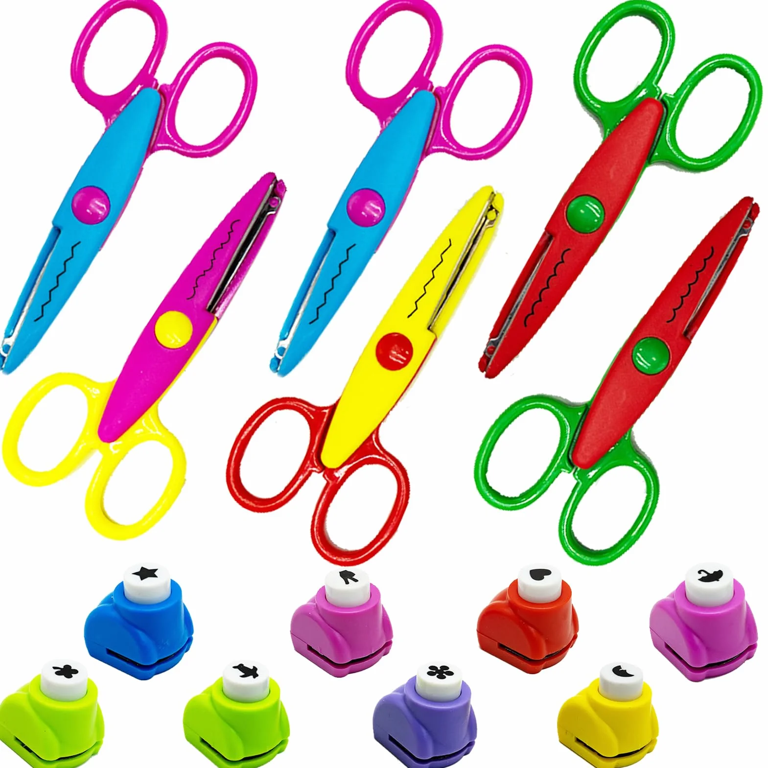 Juego de 6 pares de tijeras de bricolaje para niños, 8 piezas, perforadoras de papel con diferentes patrones de corte, tijeras de colores para niños, para sellos y manualidades creativas, decoración