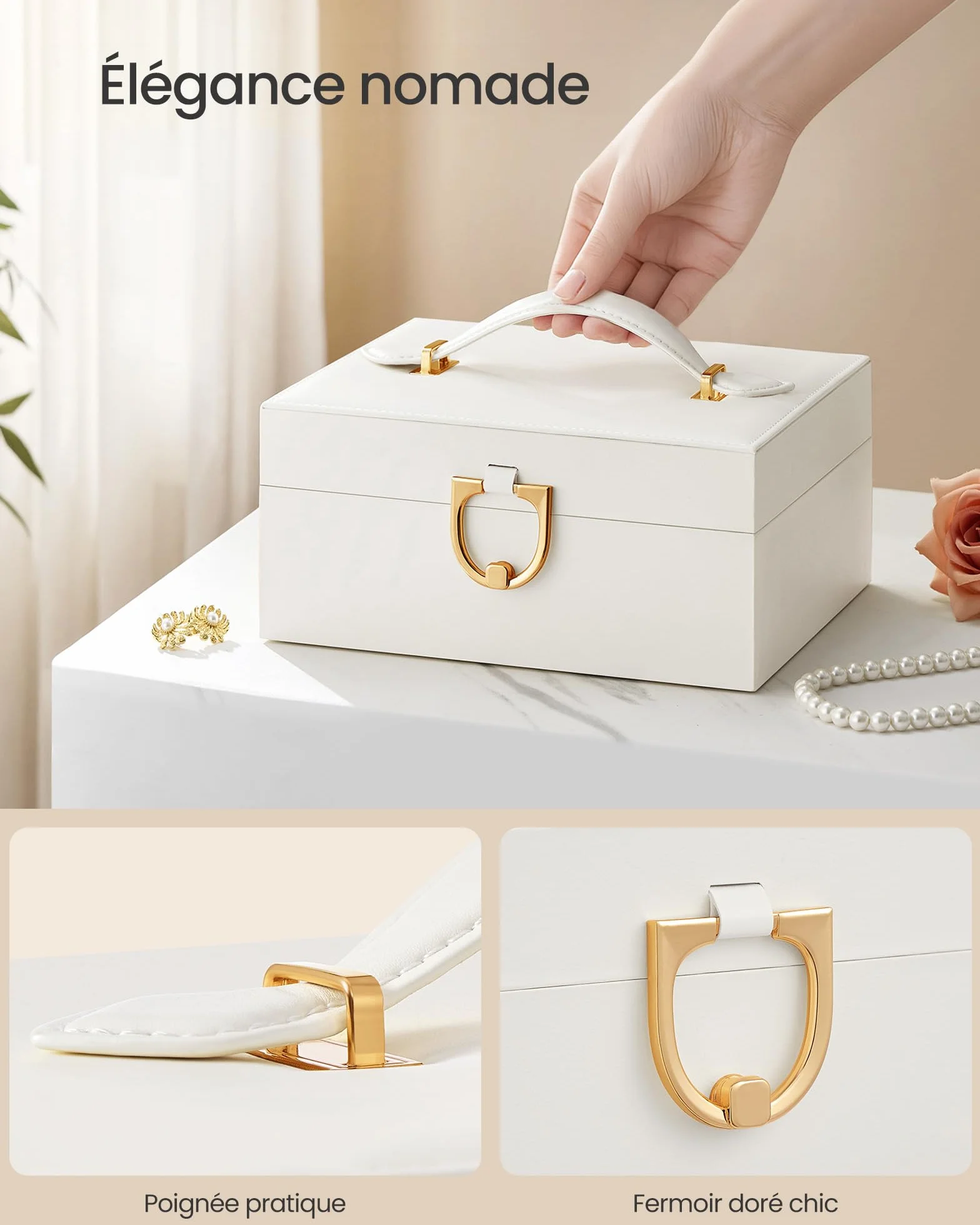 SONGMICS Caja Joyero, Organizador de Joyas de 2 Niveles con Bandeja Extraíble y Asa, para Collares, Pendientes y Anillos, 17 x 20,5 x 9,5 cm, Ideal para Regalo, Blanco Crema JBC208WD01