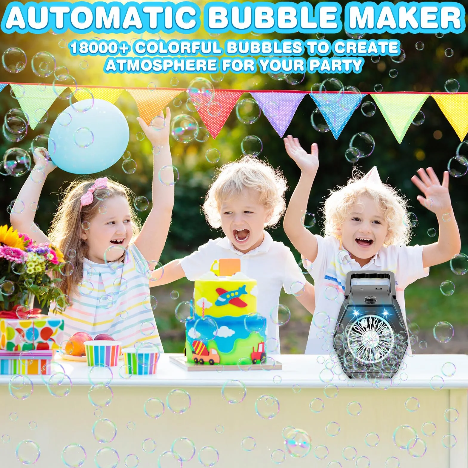 Maquina Burbujas, Más de 18.000 Burbujas por Minuto, Bubble Machine Automatico, Portátil Maquina de Burbujas para Niños, Juguetes Cumpleaños Invitados niños Fiestas Boda Exteriores (Negro)