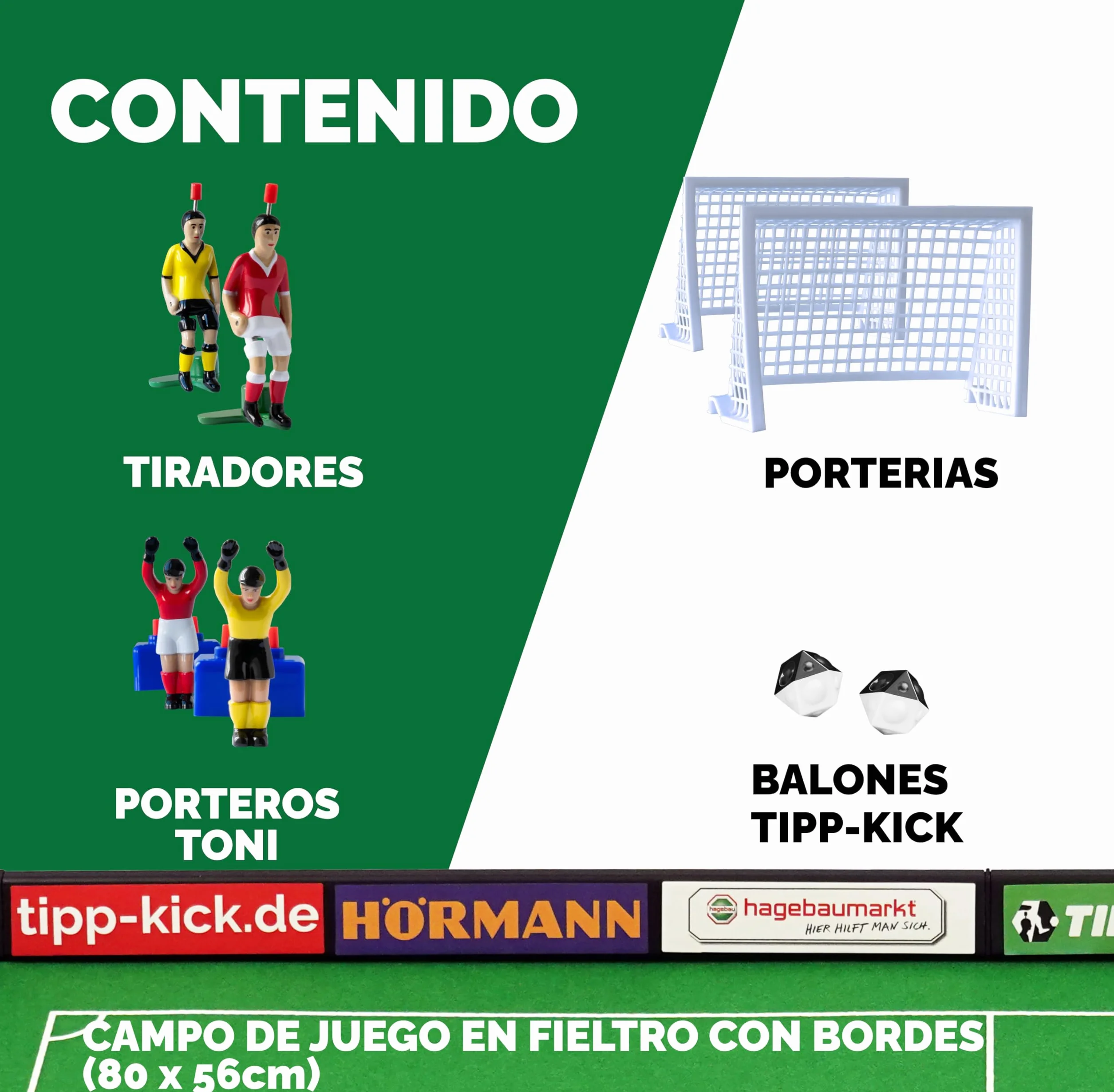TIPP-KICK Junior Cup con Borde 82x56 cm – Futbolín Listo para Jugar con 2X Jugadores, 2X guardametas, 2X porterías de plástico, 2X balones I Terreno de Juego Hecho de Fieltro