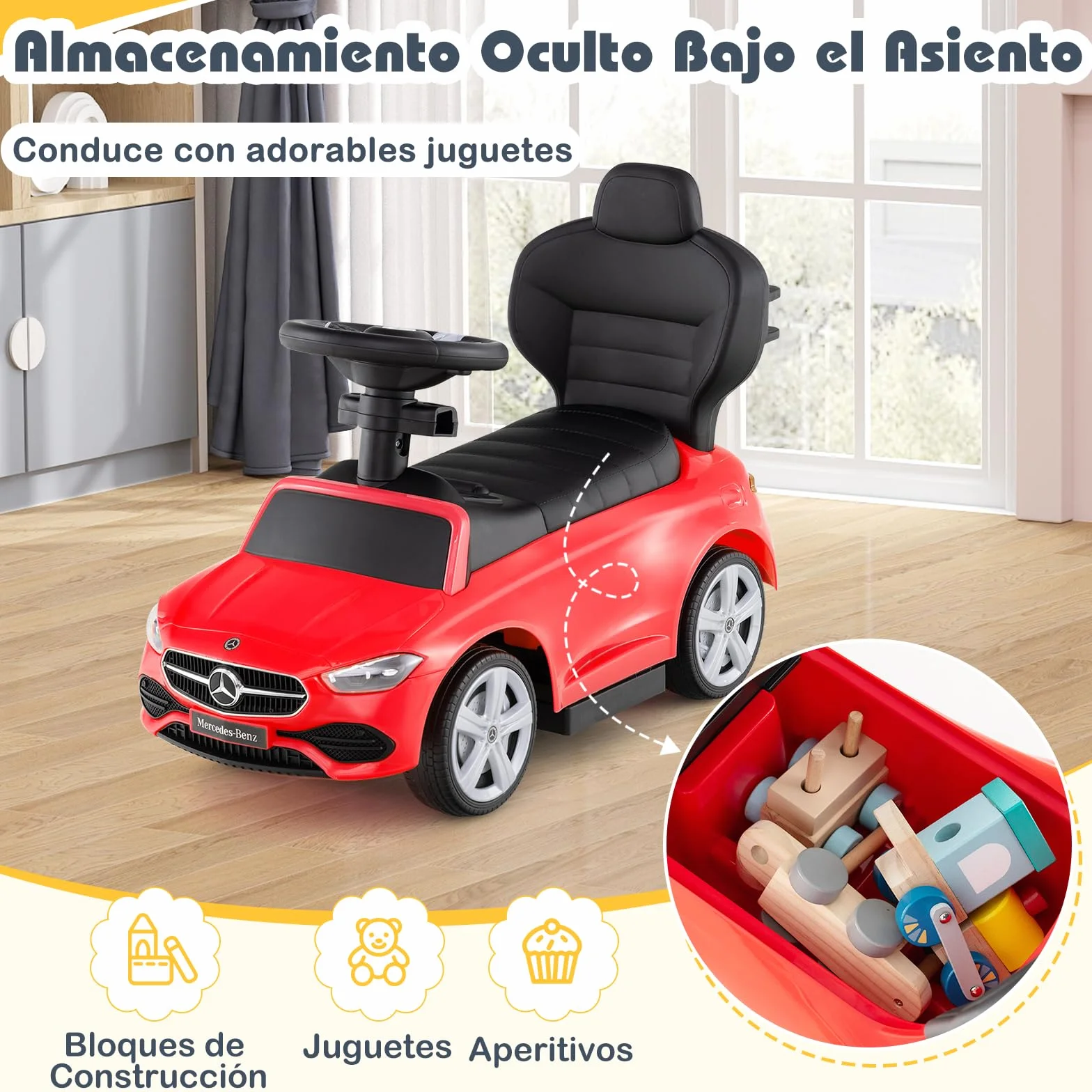 COSTWAY Coche Correpasillo 3 en 1 para Niños, Coche de Juguete con Barra de Empuje y Capota Ajustable, Coche con Pedal y Bocina para Niños de 18-36 Meses con Sonido (Rojo)