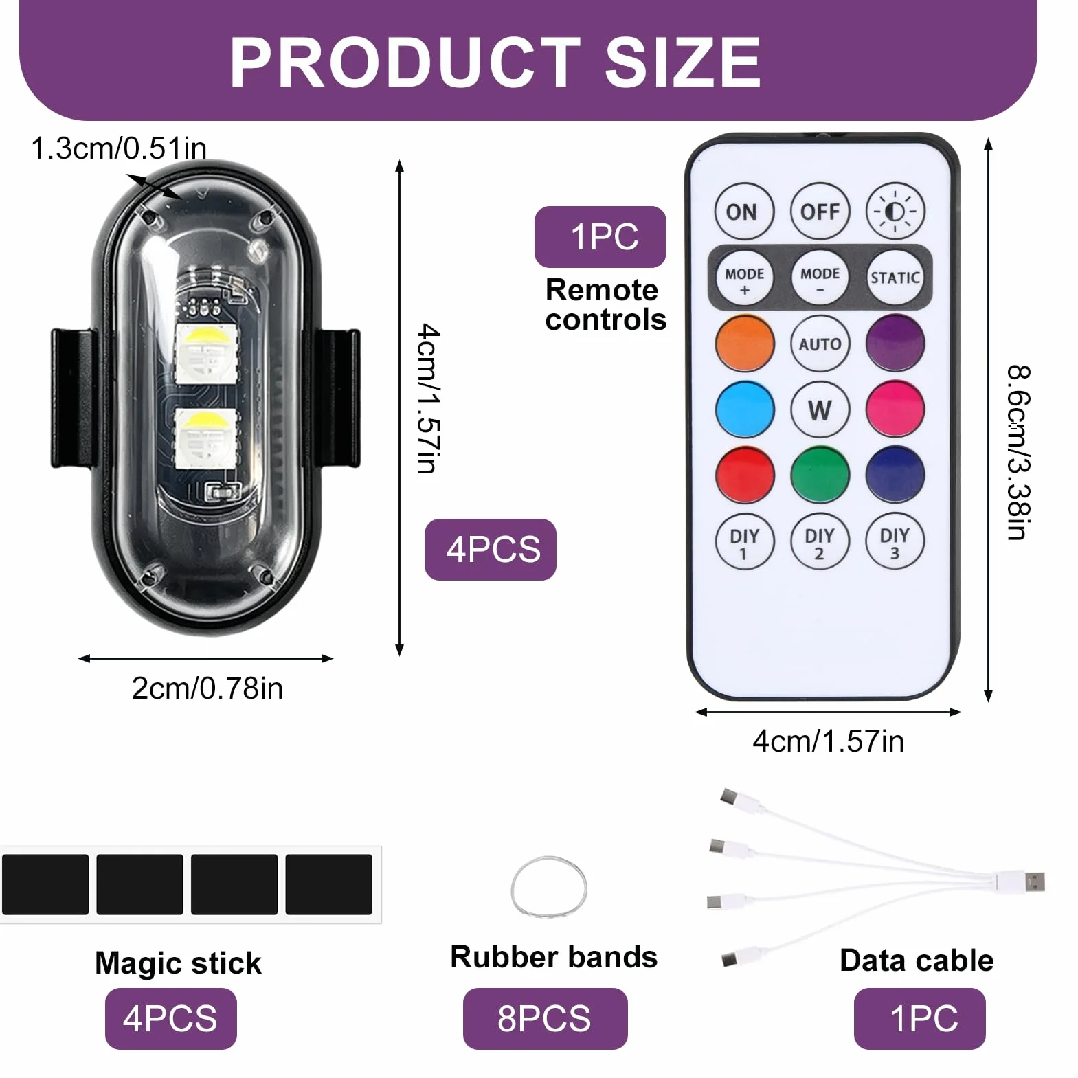 4 Pièces Luces Estroboscópicas LED Inalámbricas para Dron Coche Moto, LED Estroboscópico Luz Interior Coche con Mando a Distancia, 8 Colores y Modos de Flash, Carga USB Impermeable Anticolisión