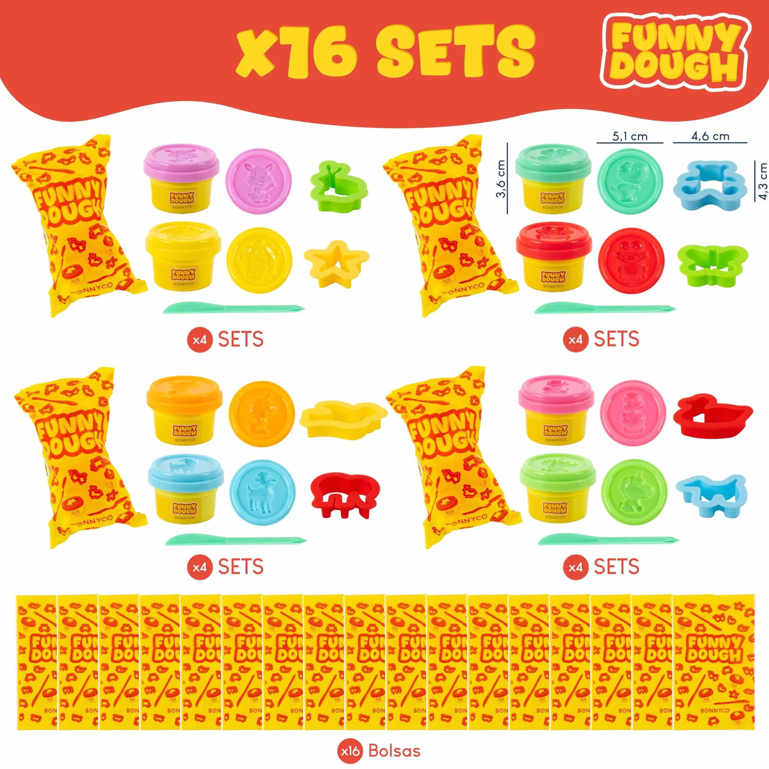 BONNYCO Set Plastilina con Moldes y Bolsas Sorpresa Pack 16 Regalos Cumpleaños Niños Colegio 3-9 Años. Detalles Alumnos Fin de Curso, Ideas Regalitos para Invitados, Relleno Piñata