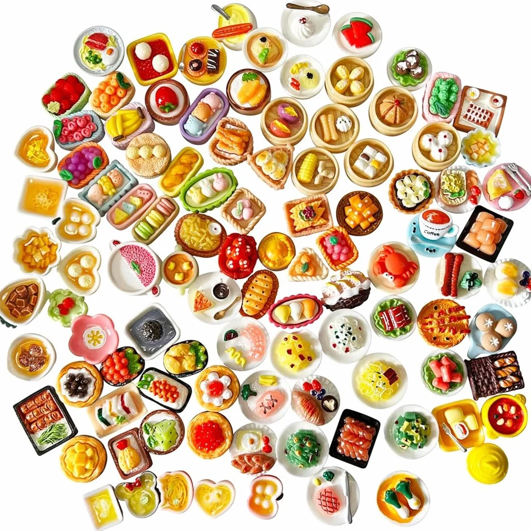 50 Piezas Comida y Bebida Miniatura, Accesorios para Casa de Muñecas, Set de Alimentos Miniatura, Mini Cocina, Accesorios para Muñecas Pequeñas, Vajilla de Juguete, Estilos Aleatorios
